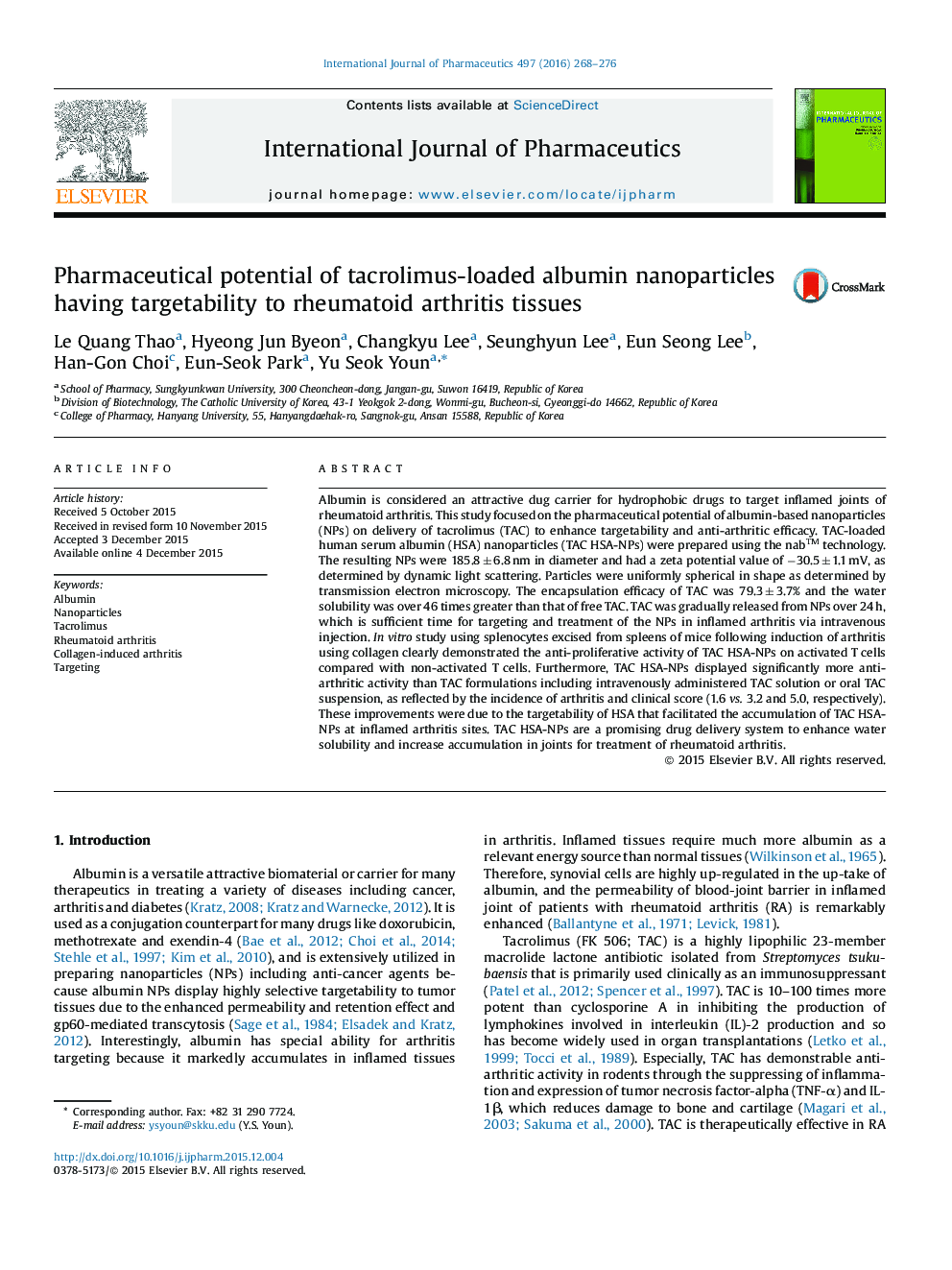 Pharmaceutical potential of tacrolimus-loaded albumin nanoparticles having targetability to rheumatoid arthritis tissues