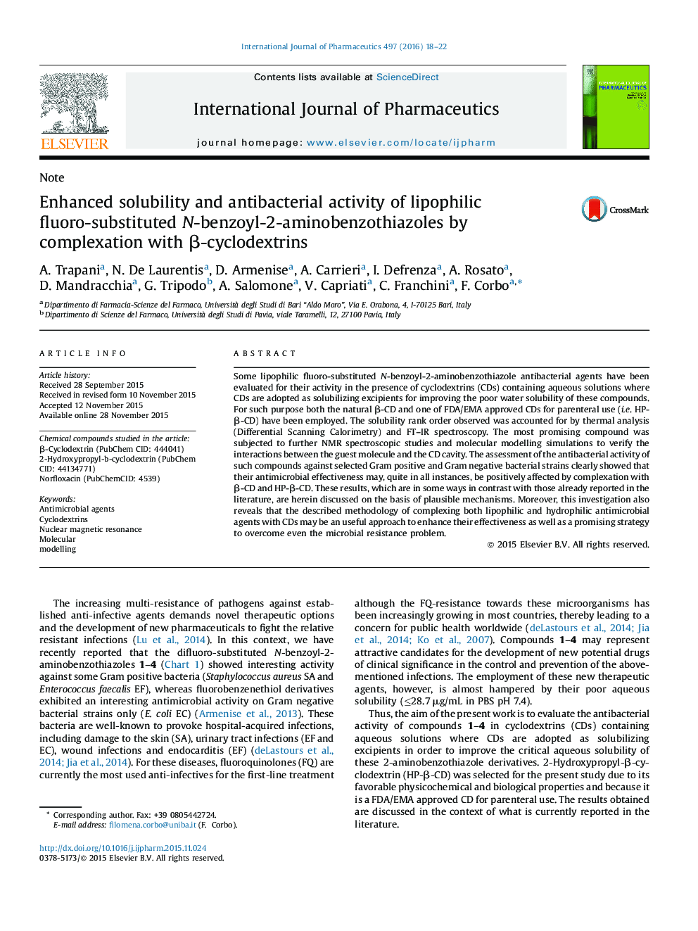 Enhanced solubility and antibacterial activity of lipophilic fluoro-substituted N-benzoyl-2-aminobenzothiazoles by complexation with Î²-cyclodextrins