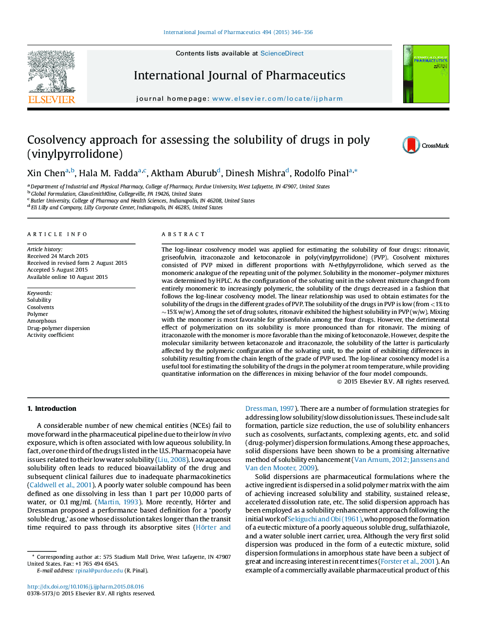 Cosolvency approach for assessing the solubility of drugs in poly(vinylpyrrolidone)