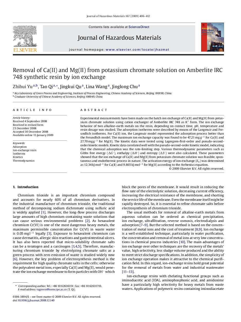 Removal of Ca(II) and Mg(II) from potassium chromate solution on Amberlite IRC 748 synthetic resin by ion exchange