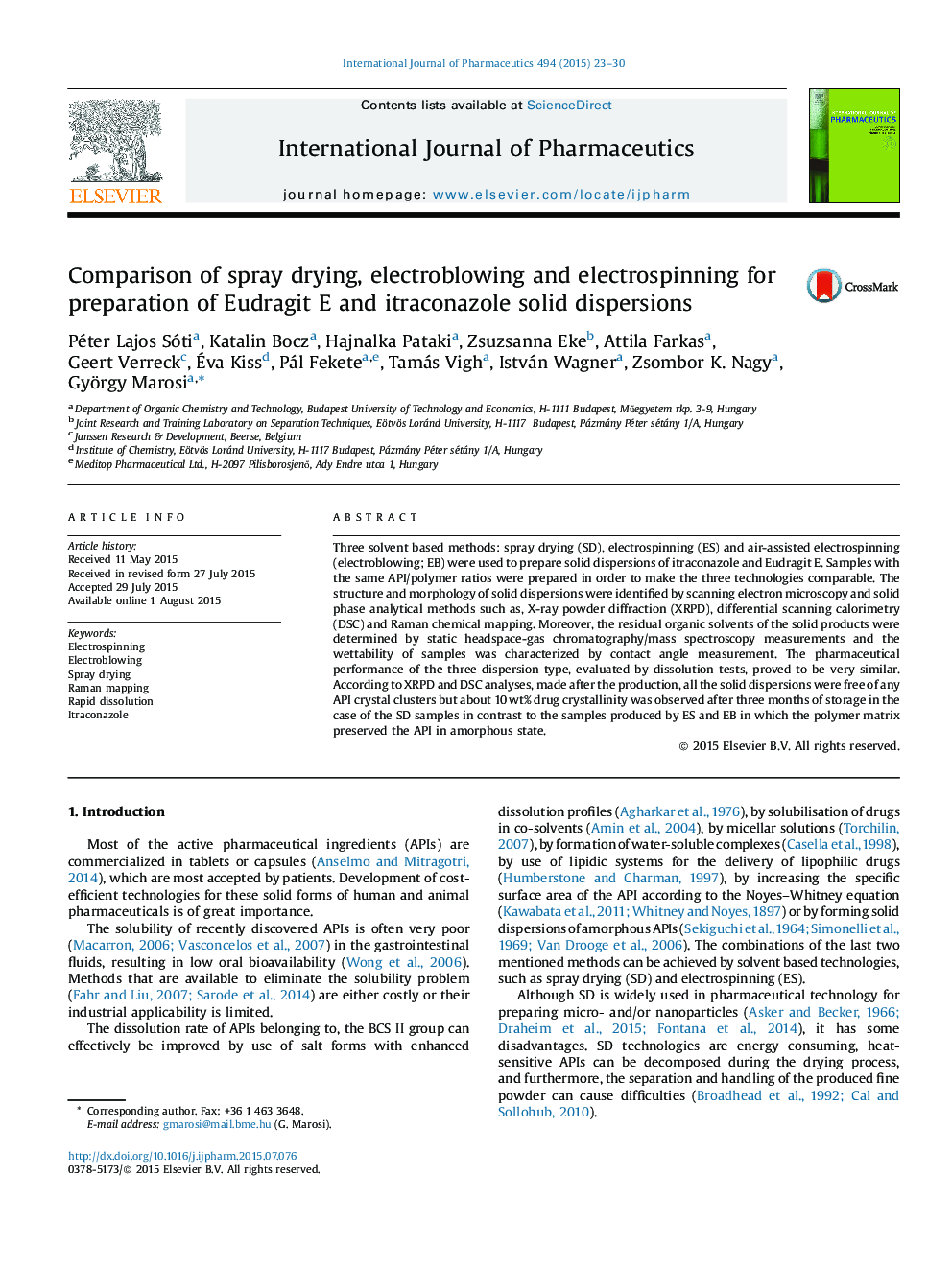 Comparison of spray drying, electroblowing and electrospinning for preparation of Eudragit E and itraconazole solid dispersions