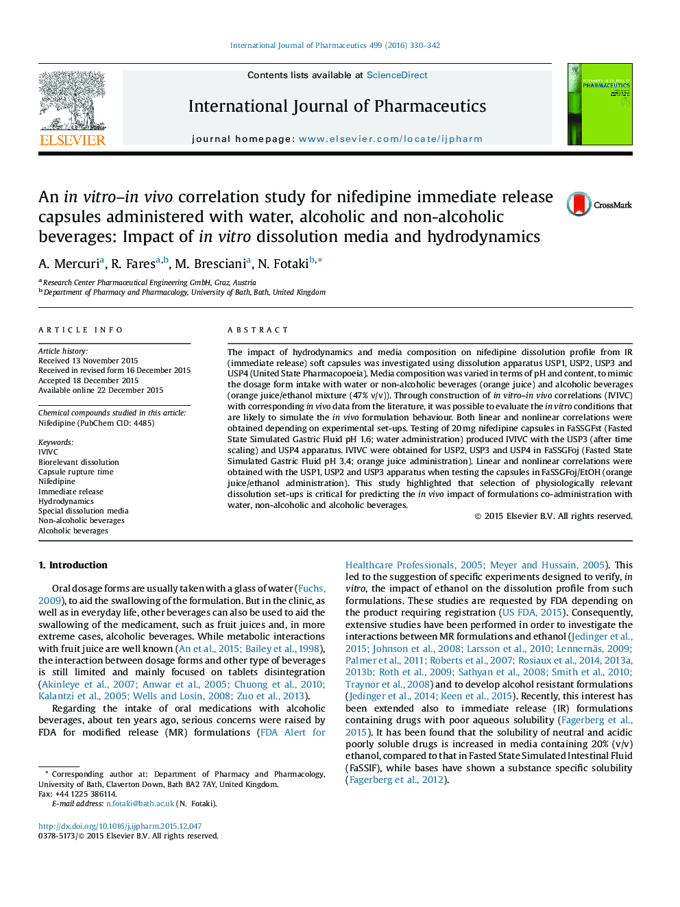 An in vitro-in vivo correlation study for nifedipine immediate release capsules administered with water, alcoholic and non-alcoholic beverages: Impact of in vitro dissolution media and hydrodynamics