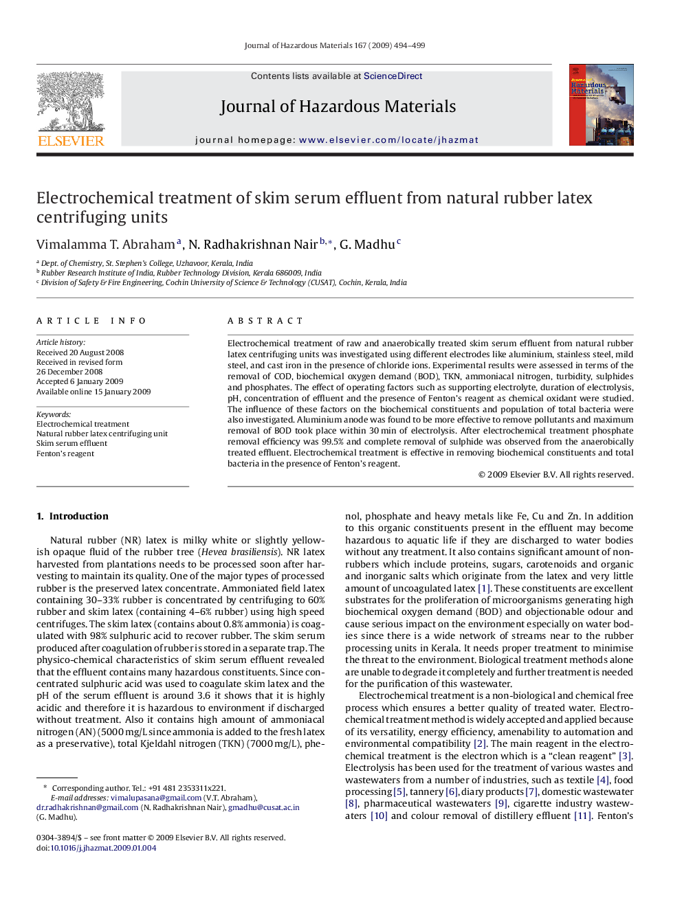 Electrochemical treatment of skim serum effluent from natural rubber latex centrifuging units