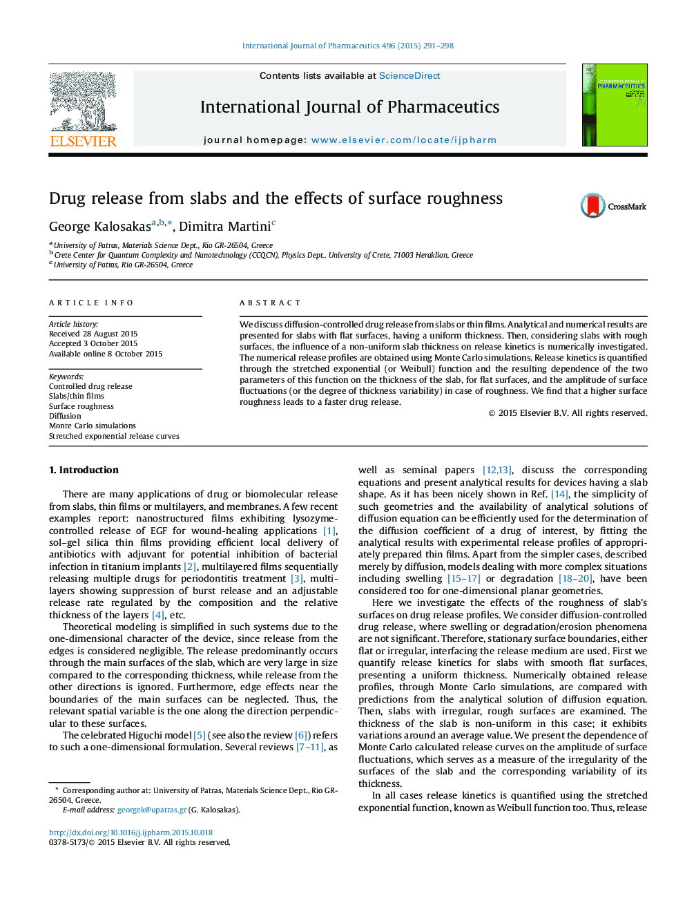 Drug release from slabs and the effects of surface roughness