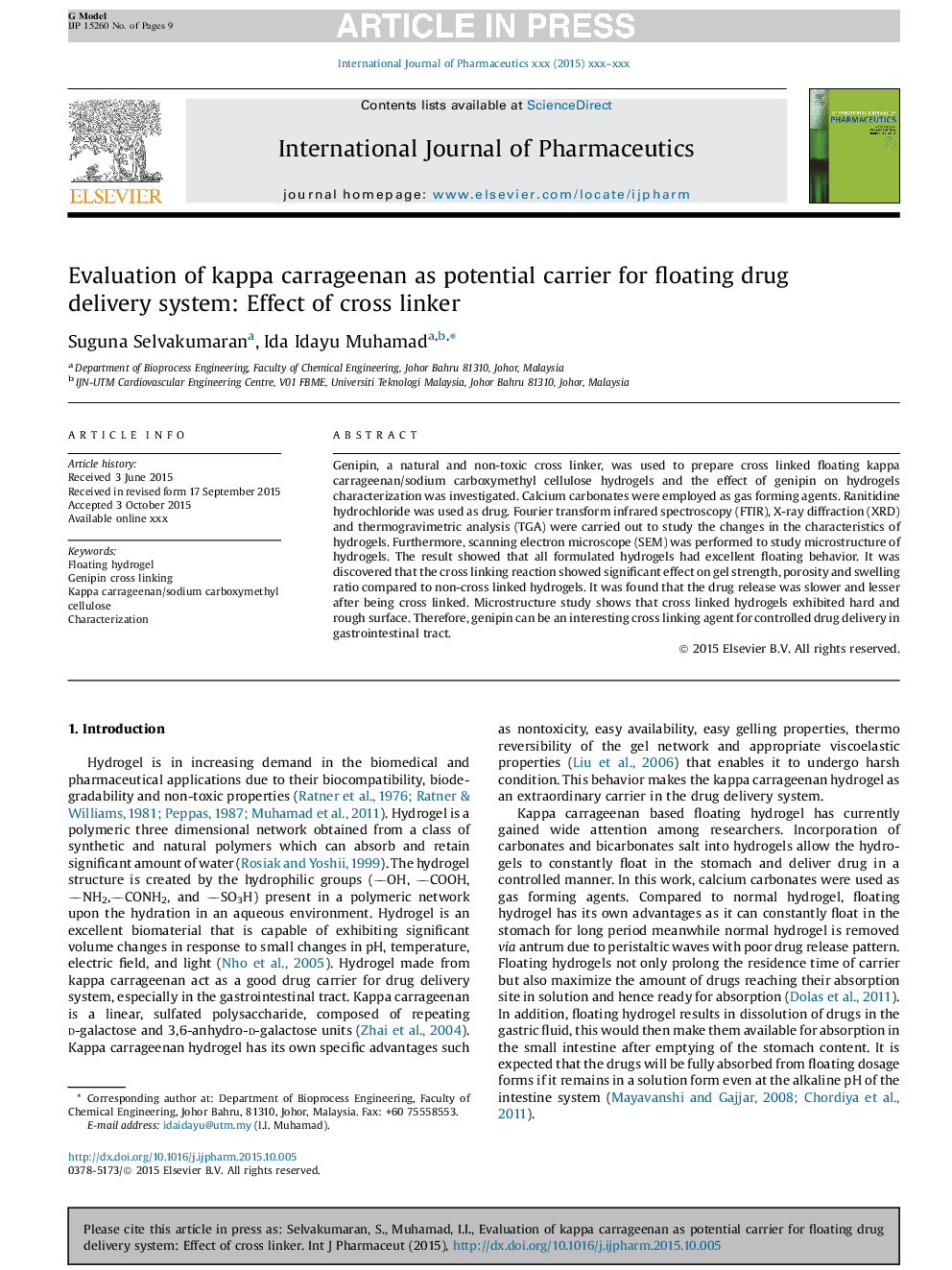 Evaluation of kappa carrageenan as potential carrier for floating drug delivery system: Effect of cross linker