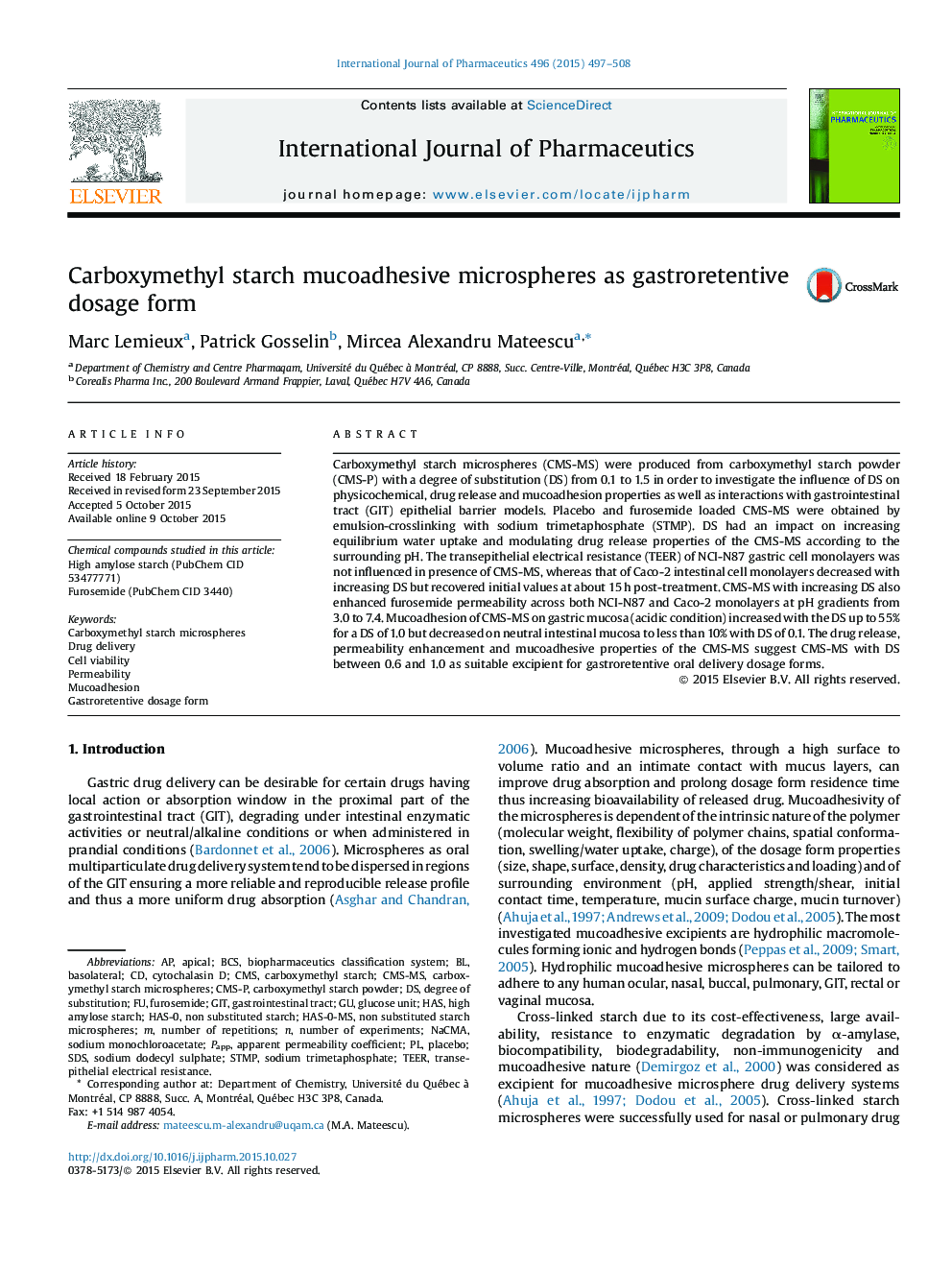 Carboxymethyl starch mucoadhesive microspheres as gastroretentive dosage form