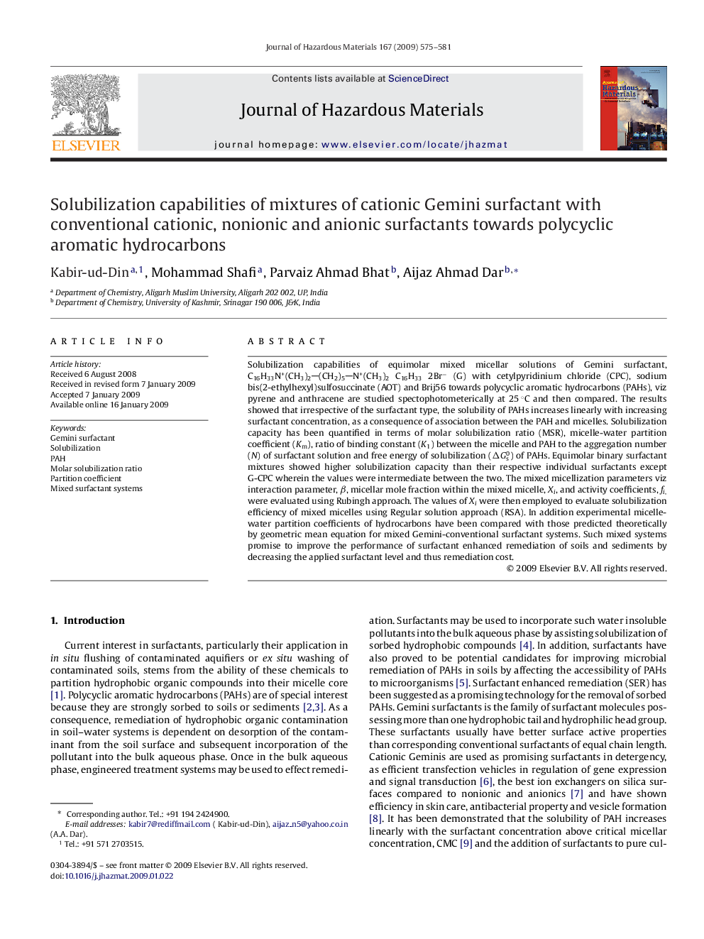 Solubilization capabilities of mixtures of cationic Gemini surfactant with conventional cationic, nonionic and anionic surfactants towards polycyclic aromatic hydrocarbons