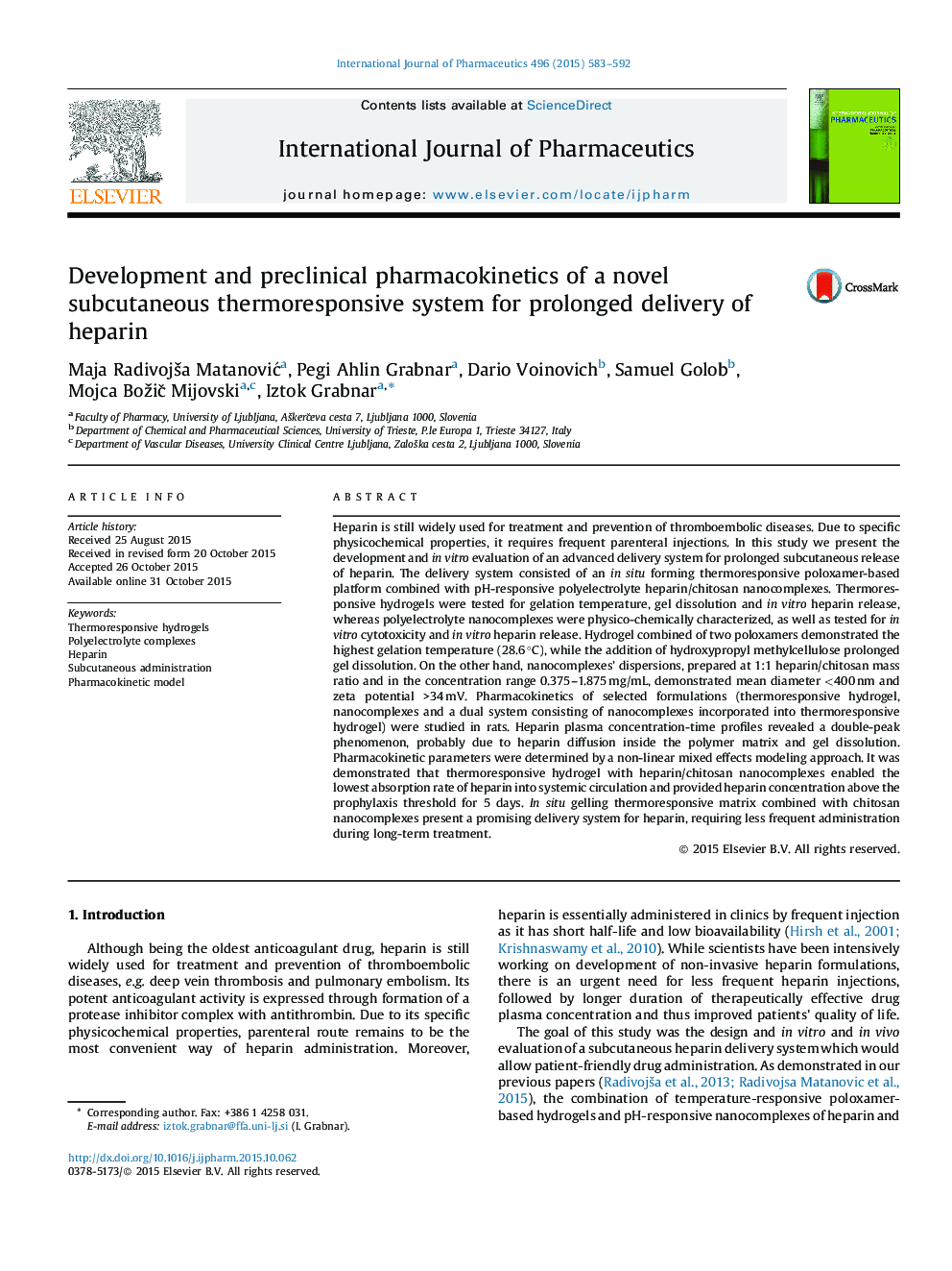 Development and preclinical pharmacokinetics of a novel subcutaneous thermoresponsive system for prolonged delivery of heparin