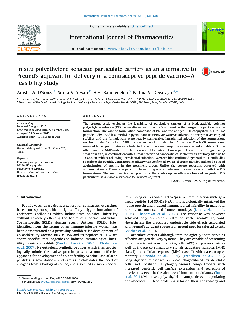 In situ polyethylene sebacate particulate carriers as an alternative to Freund's adjuvant for delivery of a contraceptive peptide vaccine-A feasibility study