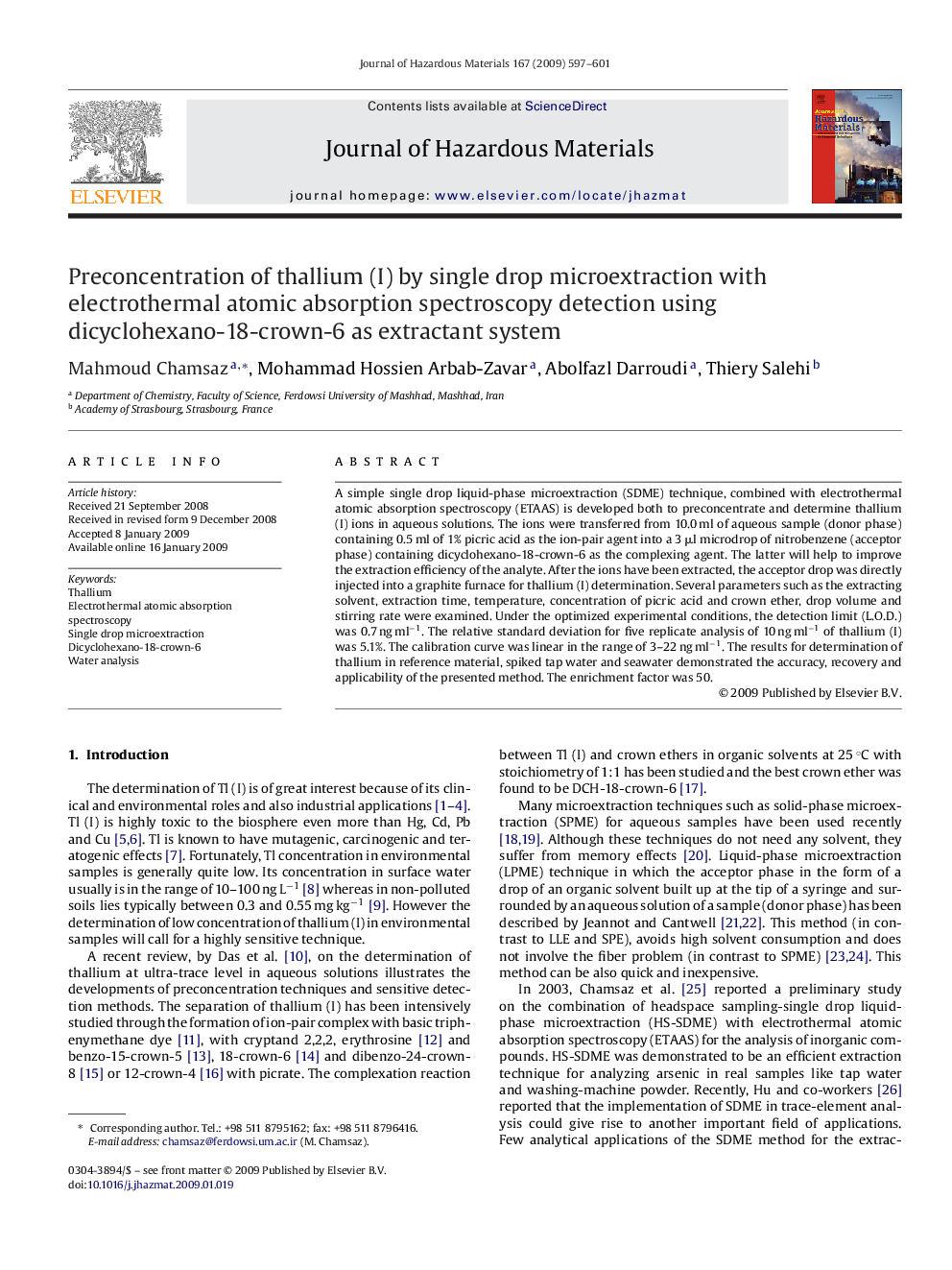 Preconcentration of thallium (I) by single drop microextraction with electrothermal atomic absorption spectroscopy detection using dicyclohexano-18-crown-6 as extractant system