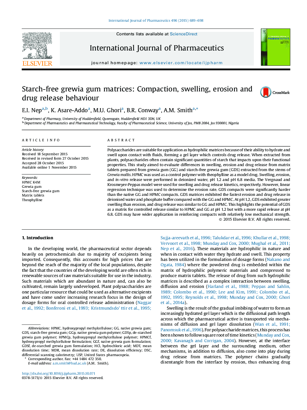 Starch-free grewia gum matrices: Compaction, swelling, erosion and drug release behaviour