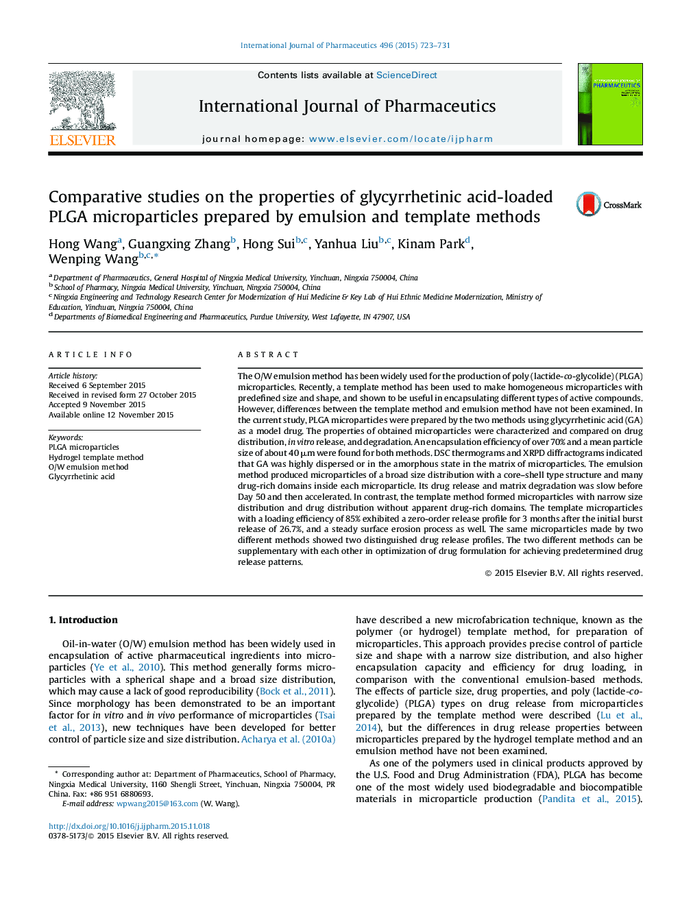 Comparative studies on the properties of glycyrrhetinic acid-loaded PLGA microparticles prepared by emulsion and template methods