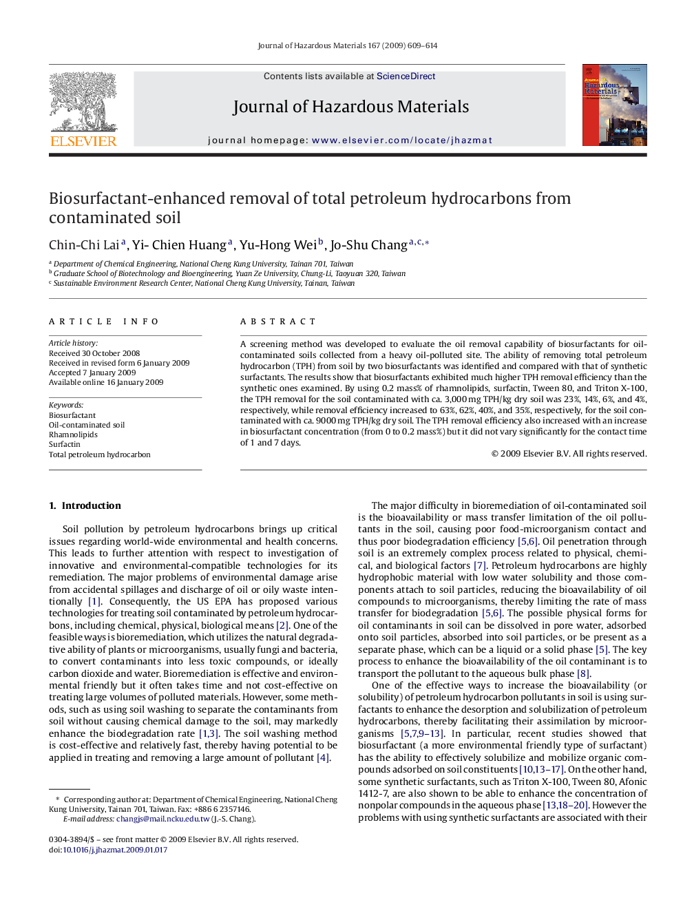 Biosurfactant-enhanced removal of total petroleum hydrocarbons from contaminated soil