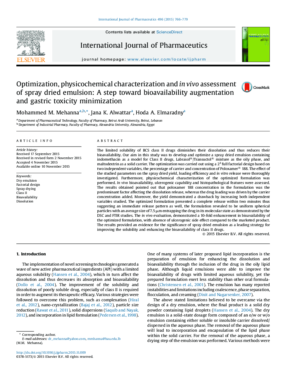 Optimization, physicochemical characterization and in vivo assessment of spray dried emulsion: A step toward bioavailability augmentation and gastric toxicity minimization