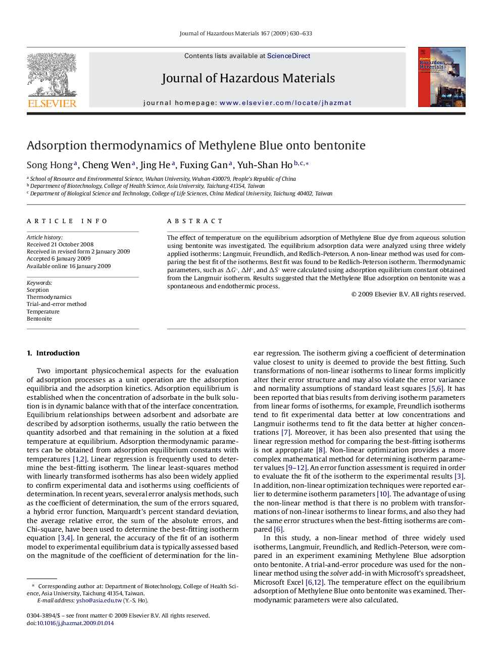 Adsorption thermodynamics of Methylene Blue onto bentonite