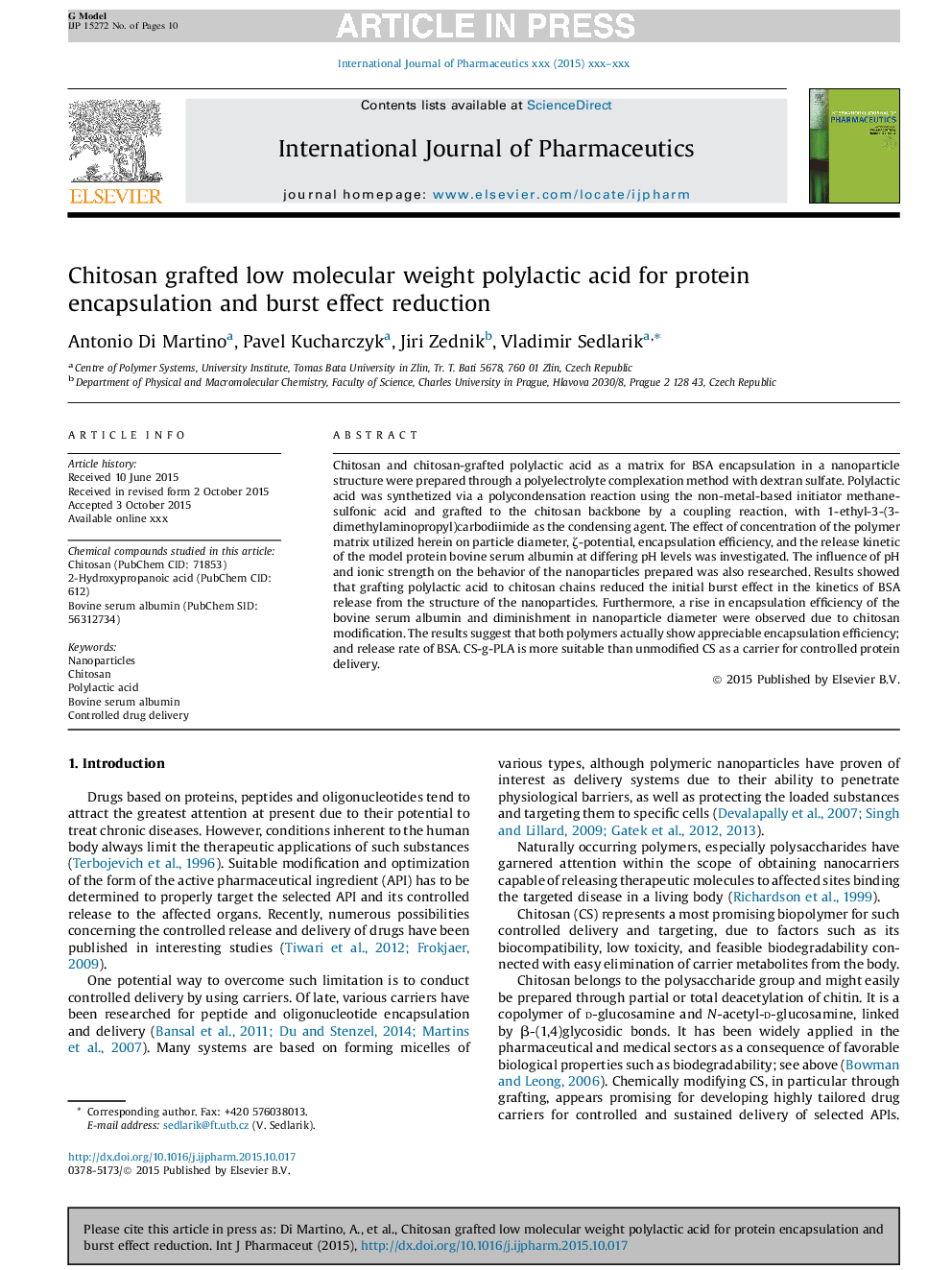 Chitosan grafted low molecular weight polylactic acid for protein encapsulation and burst effect reduction