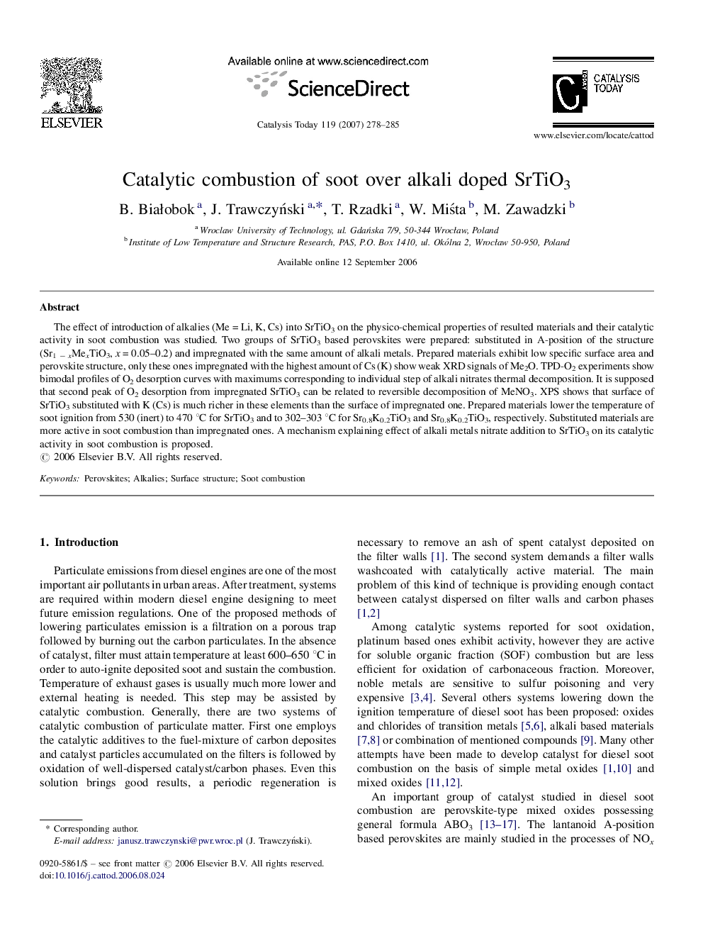 Catalytic combustion of soot over alkali doped SrTiO3