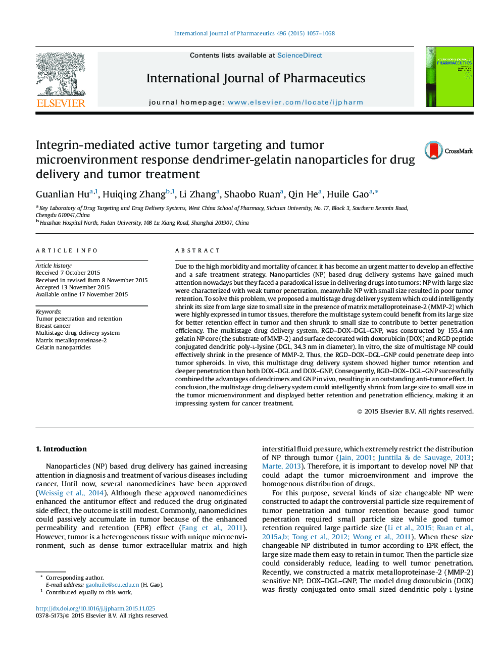 Integrin-mediated active tumor targeting and tumor microenvironment response dendrimer-gelatin nanoparticles for drug delivery and tumor treatment