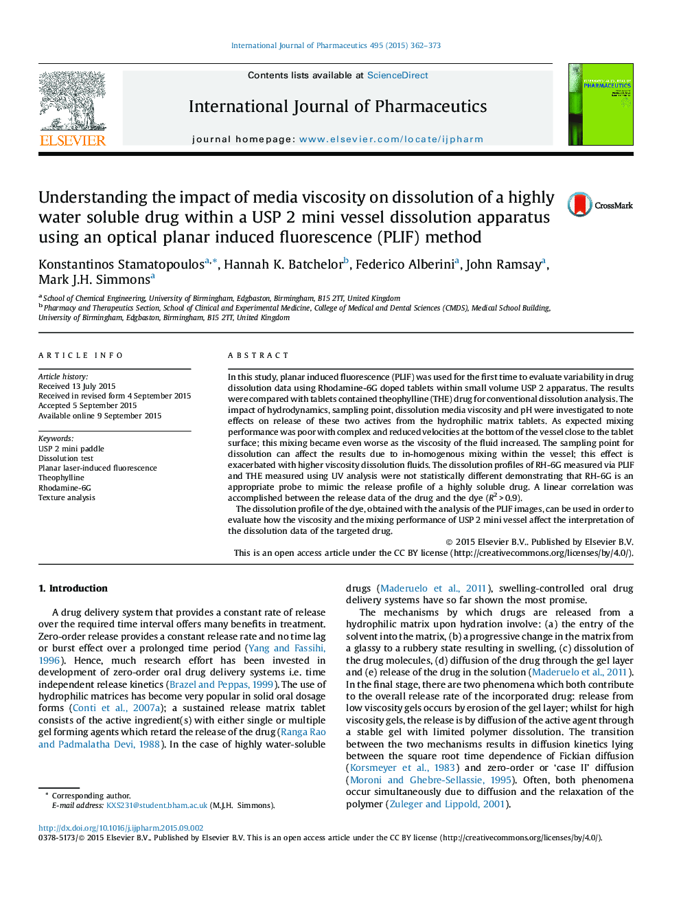 Understanding the impact of media viscosity on dissolution of a highly water soluble drug within a USP 2 mini vessel dissolution apparatus using an optical planar induced fluorescence (PLIF) method