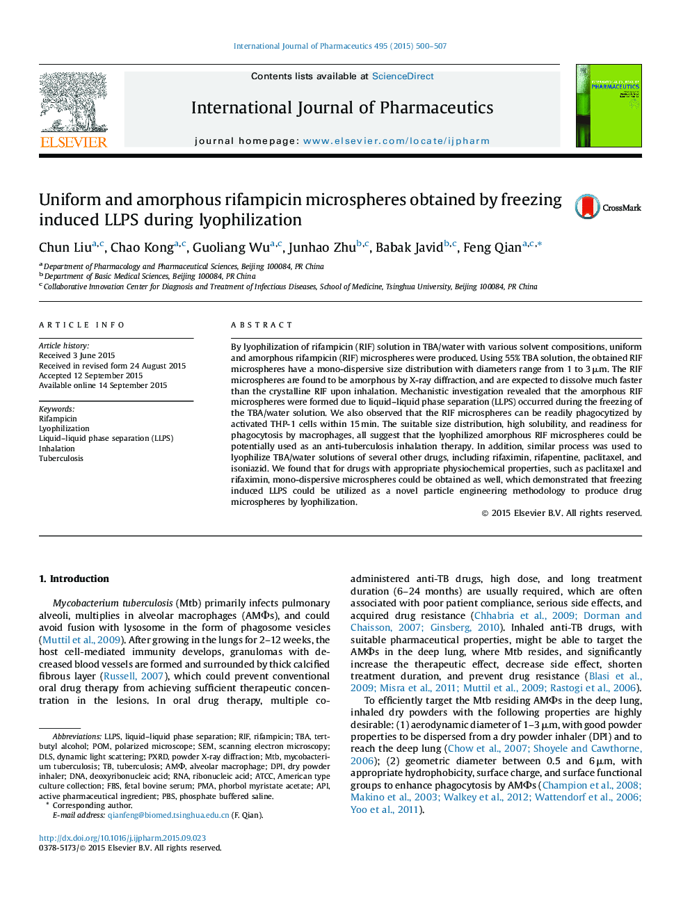 Uniform and amorphous rifampicin microspheres obtained by freezing induced LLPS during lyophilization