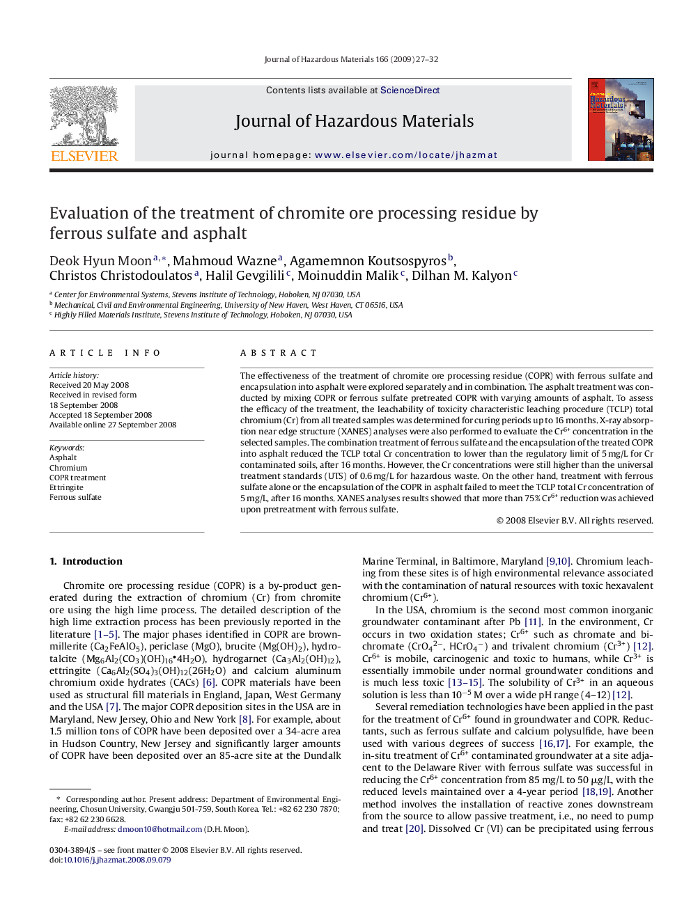 Evaluation of the treatment of chromite ore processing residue by ferrous sulfate and asphalt