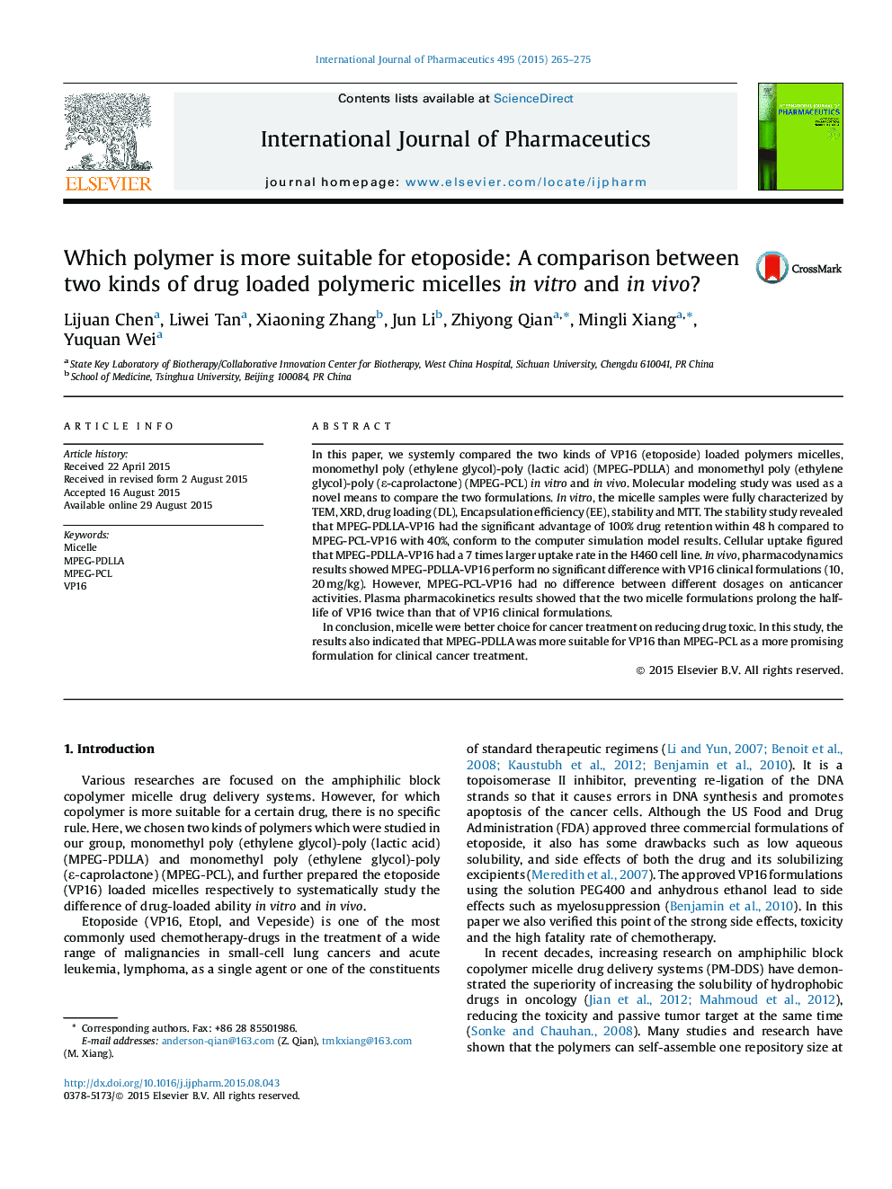 Which polymer is more suitable for etoposide: A comparison between two kinds of drug loaded polymeric micelles in vitro and in vivo?