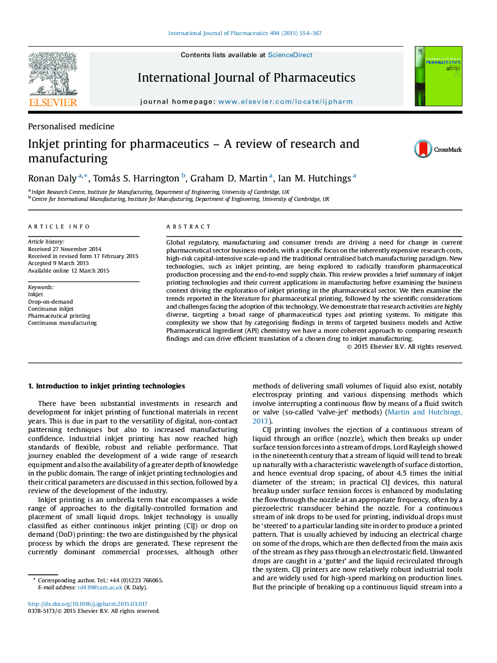 Personalised medicineInkjet printing for pharmaceutics - A review of research and manufacturing