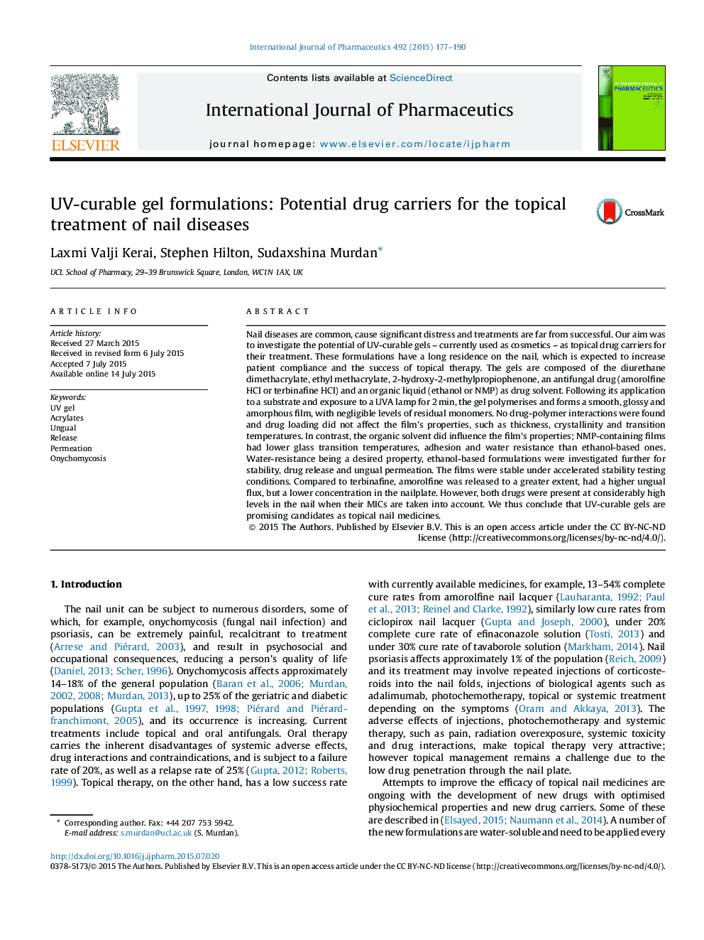 UV-curable gel formulations: Potential drug carriers for the topical treatment of nail diseases