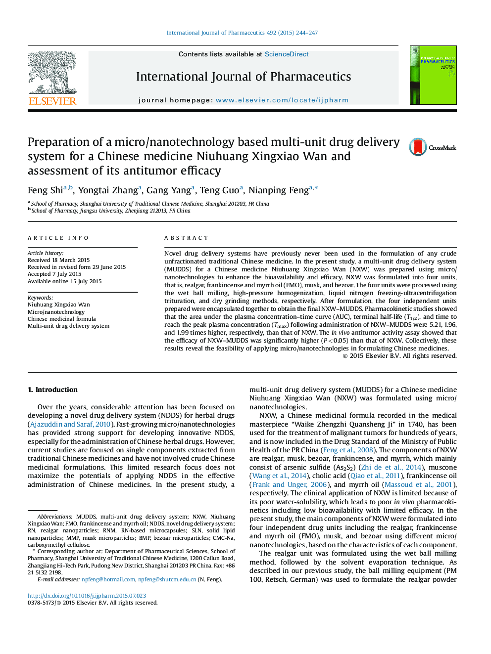 Preparation of a micro/nanotechnology based multi-unit drug delivery system for a Chinese medicine Niuhuang Xingxiao Wan and assessment of its antitumor efficacy