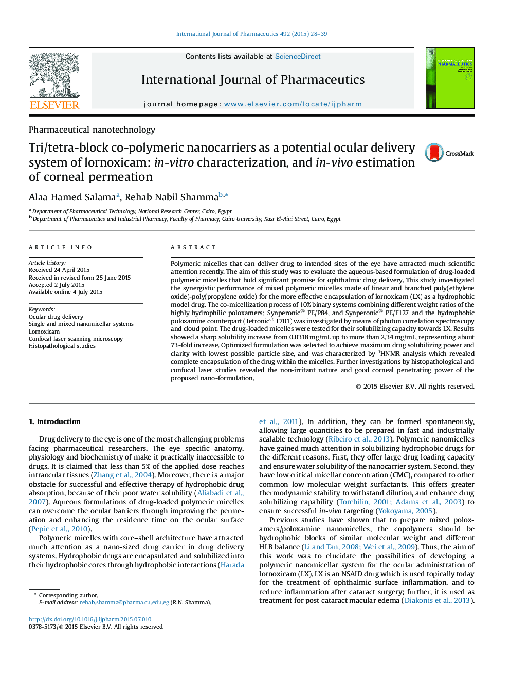 Pharmaceutical nanotechnologyTri/tetra-block co-polymeric nanocarriers as a potential ocular delivery system of lornoxicam: in-vitro characterization, and in-vivo estimation of corneal permeation