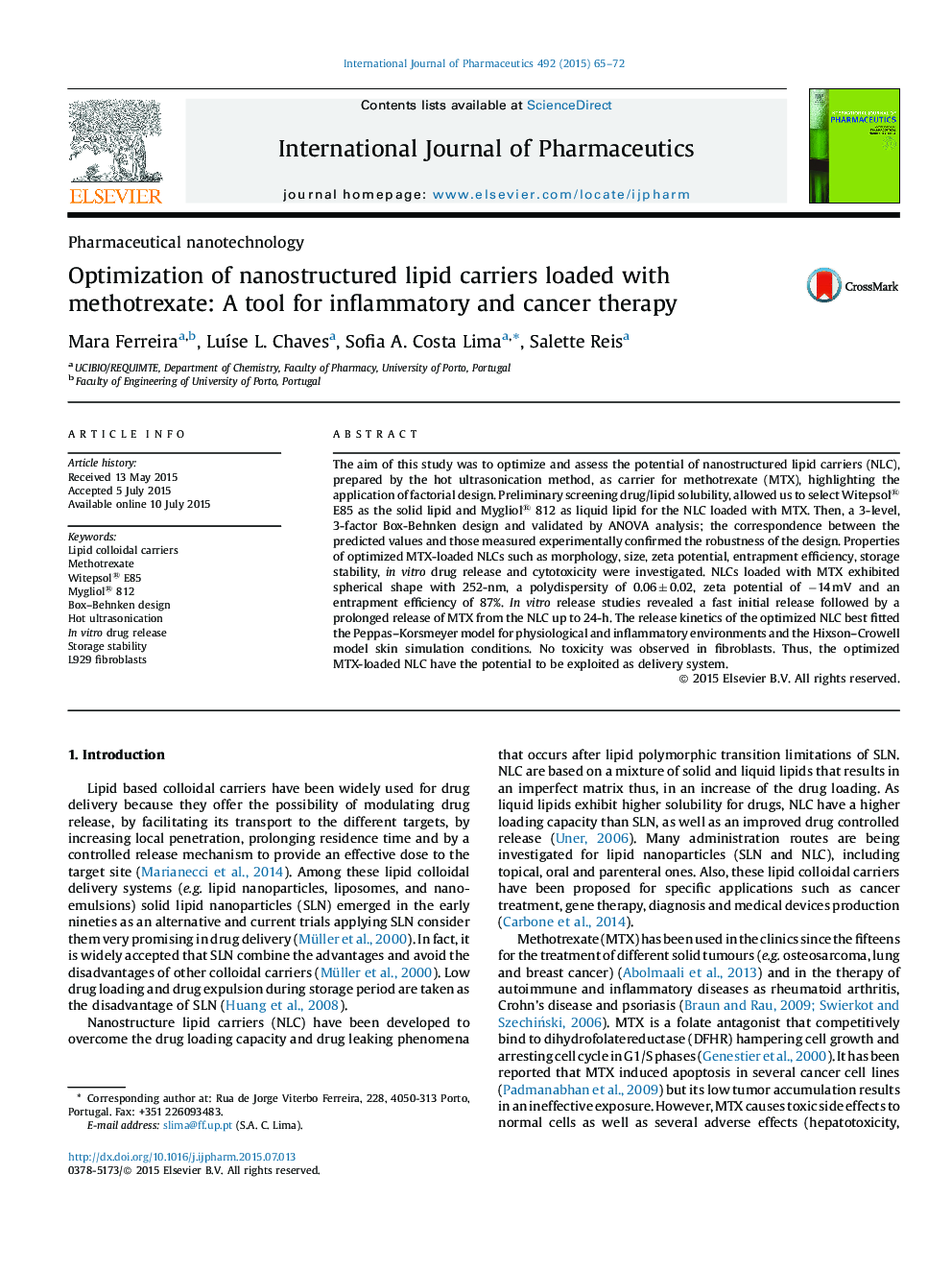 Pharmaceutical nanotechnologyOptimization of nanostructured lipid carriers loaded with methotrexate: A tool for inflammatory and cancer therapy