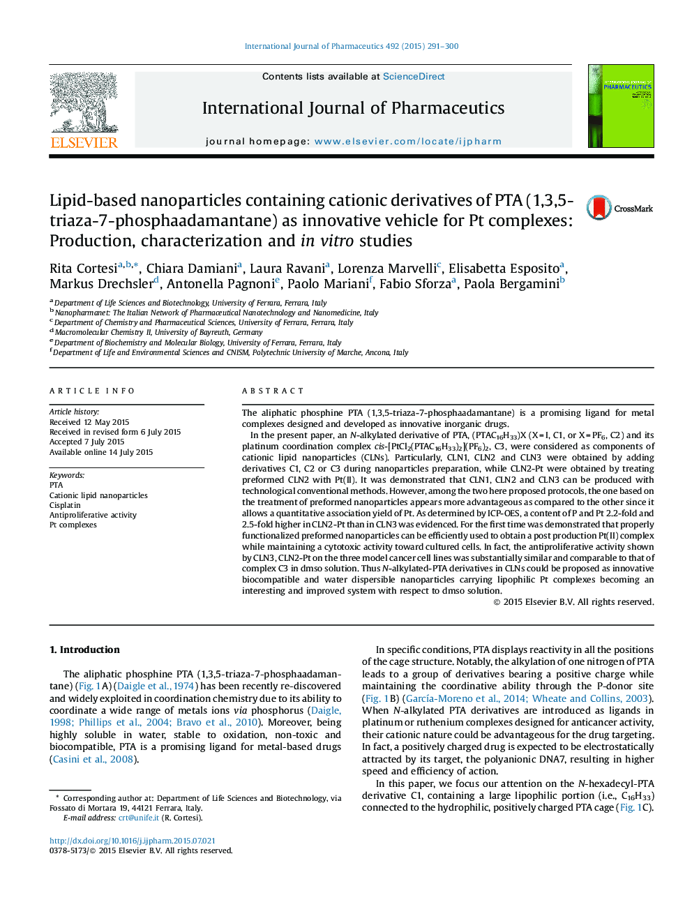 Lipid-based nanoparticles containing cationic derivatives of PTA (1,3,5-triaza-7-phosphaadamantane) as innovative vehicle for Pt complexes: Production, characterization and in vitro studies