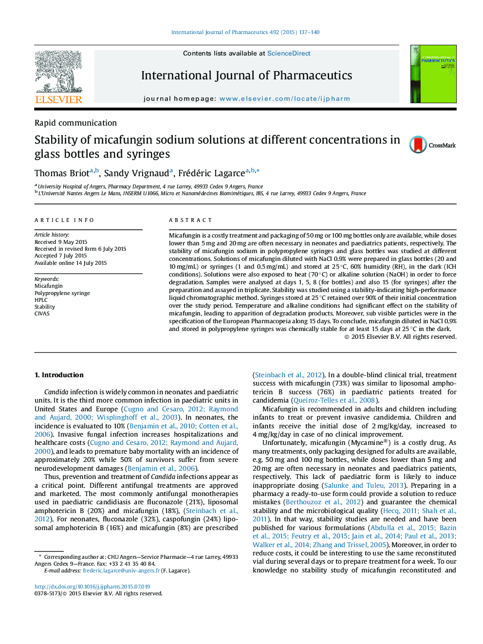 Rapid communicationStability of micafungin sodium solutions at different concentrations in glass bottles and syringes