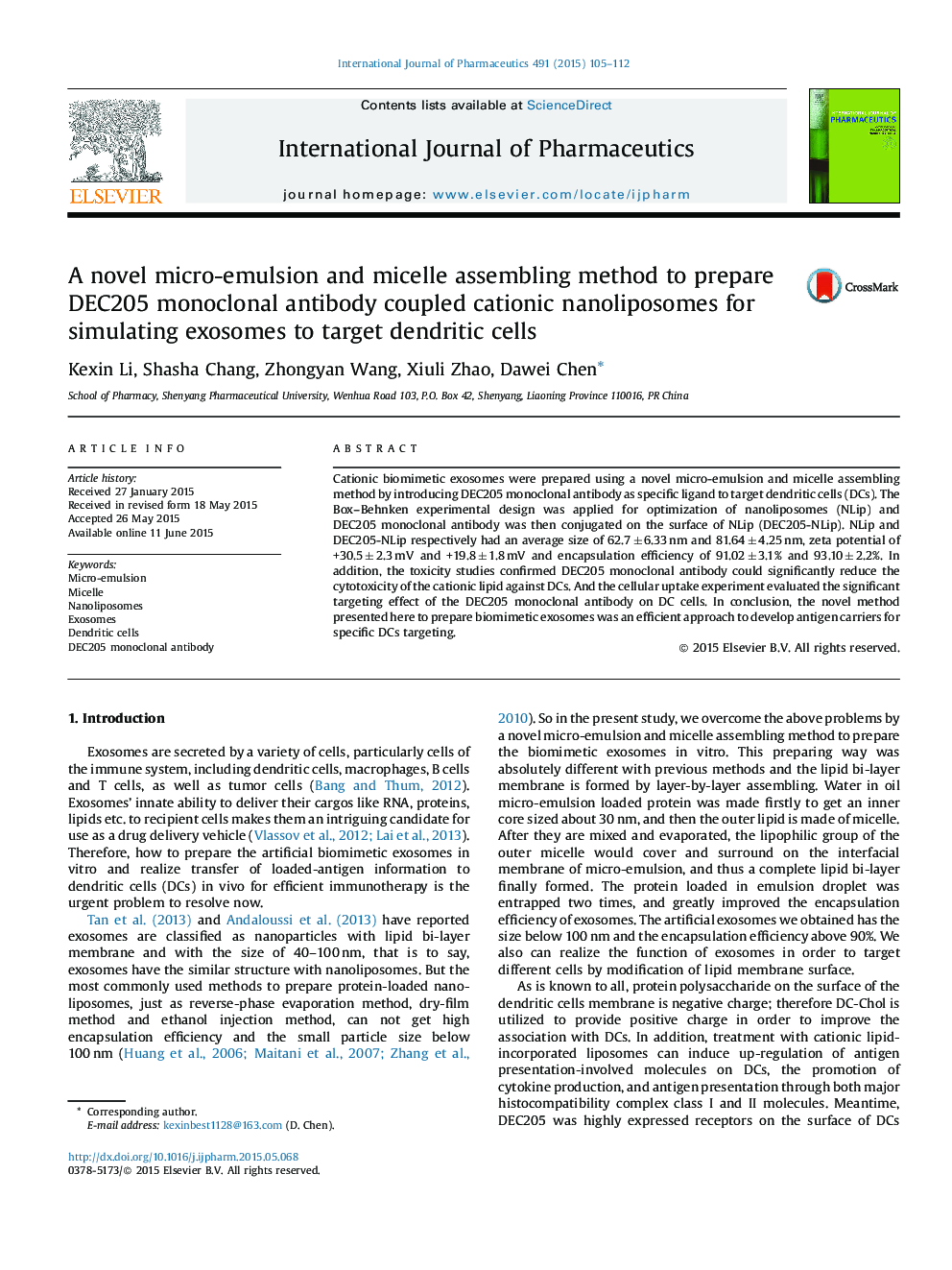 A novel micro-emulsion and micelle assembling method to prepare DEC205 monoclonal antibody coupled cationic nanoliposomes for simulating exosomes to target dendritic cells