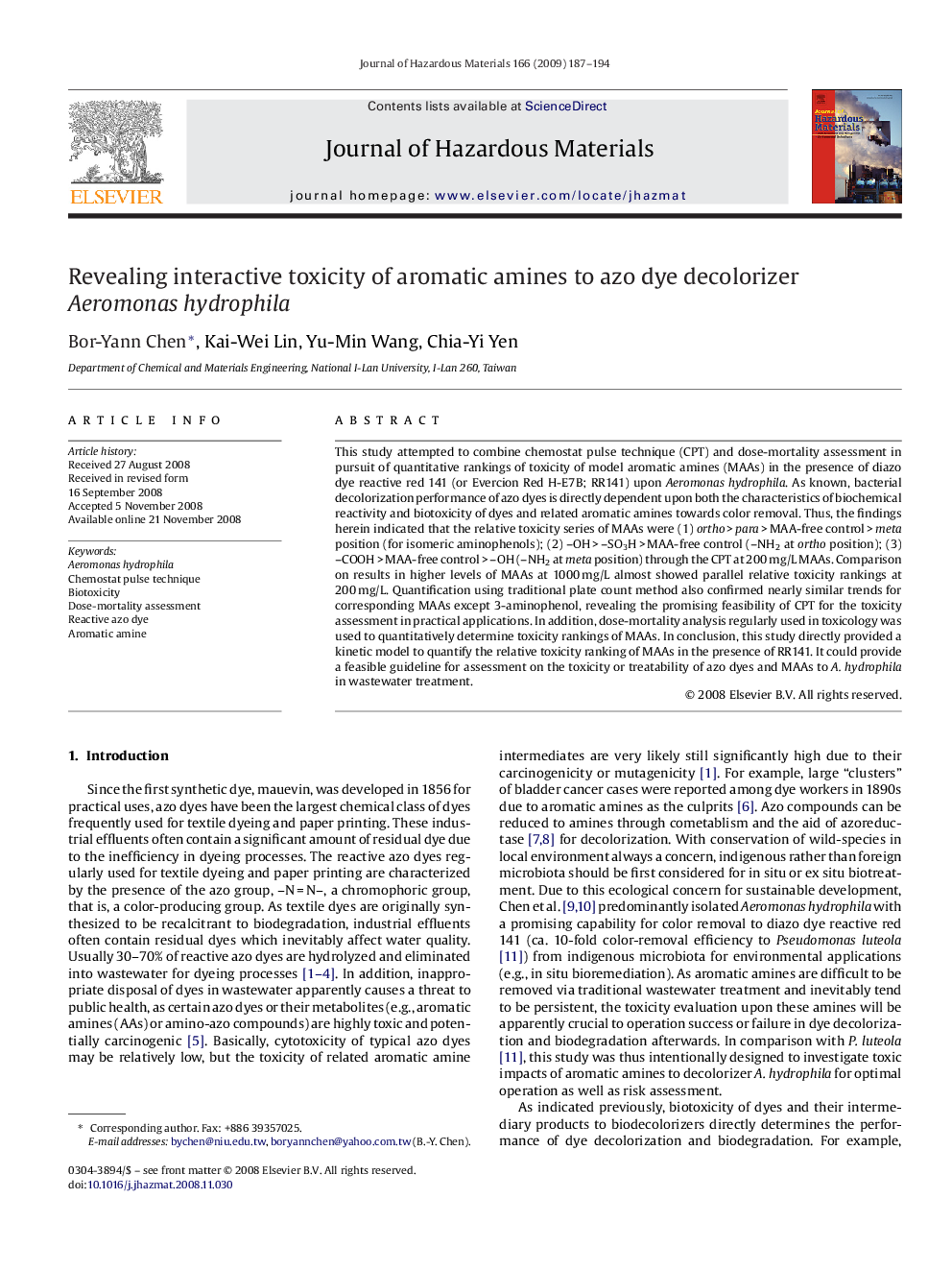 Revealing interactive toxicity of aromatic amines to azo dye decolorizer Aeromonas hydrophila