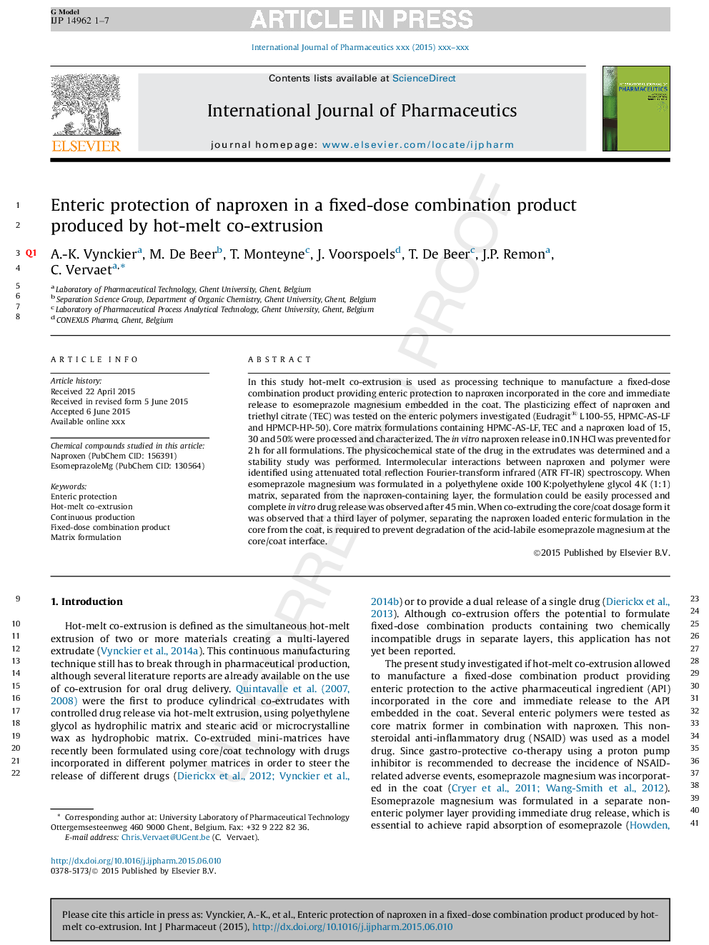 Enteric protection of naproxen in a fixed-dose combination product produced by hot-melt co-extrusion