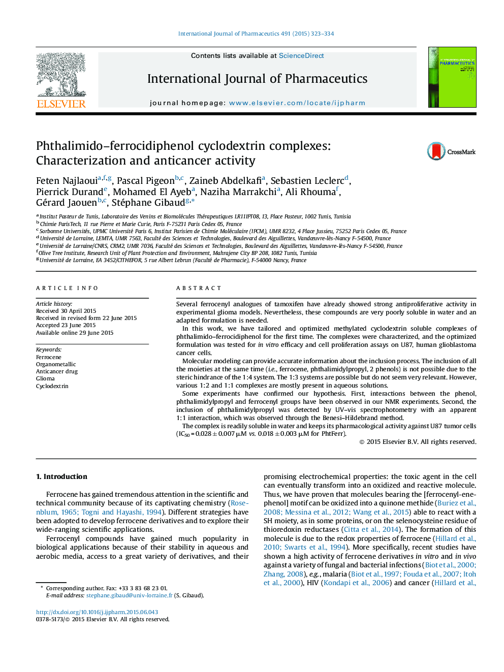 Phthalimido-ferrocidiphenol cyclodextrin complexes: Characterization and anticancer activity