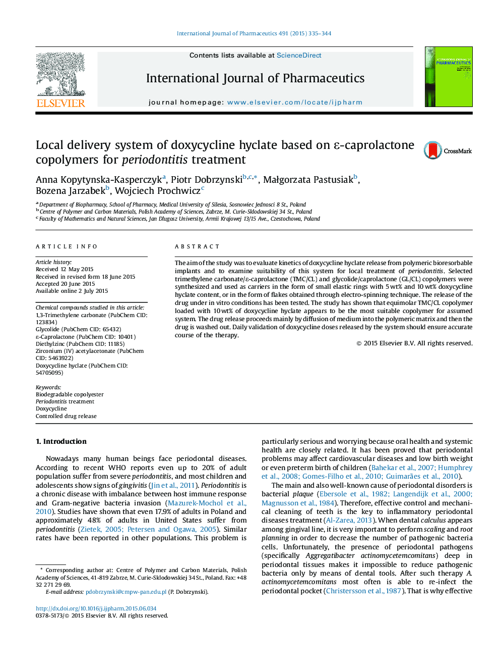 Local delivery system of doxycycline hyclate based on Ïµ-caprolactone copolymers for periodontitis treatment