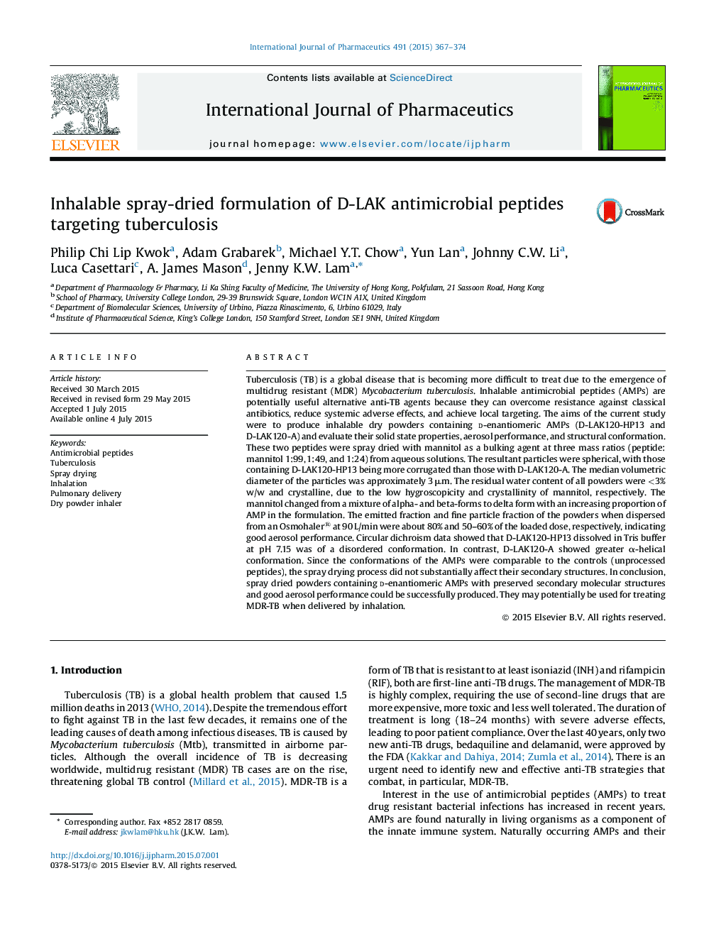 Inhalable spray-dried formulation of D-LAK antimicrobial peptides targeting tuberculosis