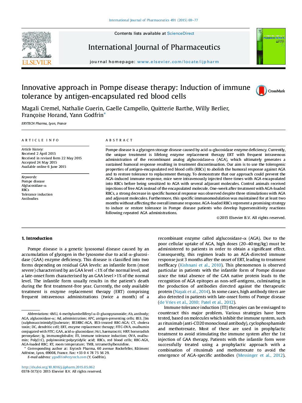 Innovative approach in Pompe disease therapy: Induction of immune tolerance by antigen-encapsulated red blood cells