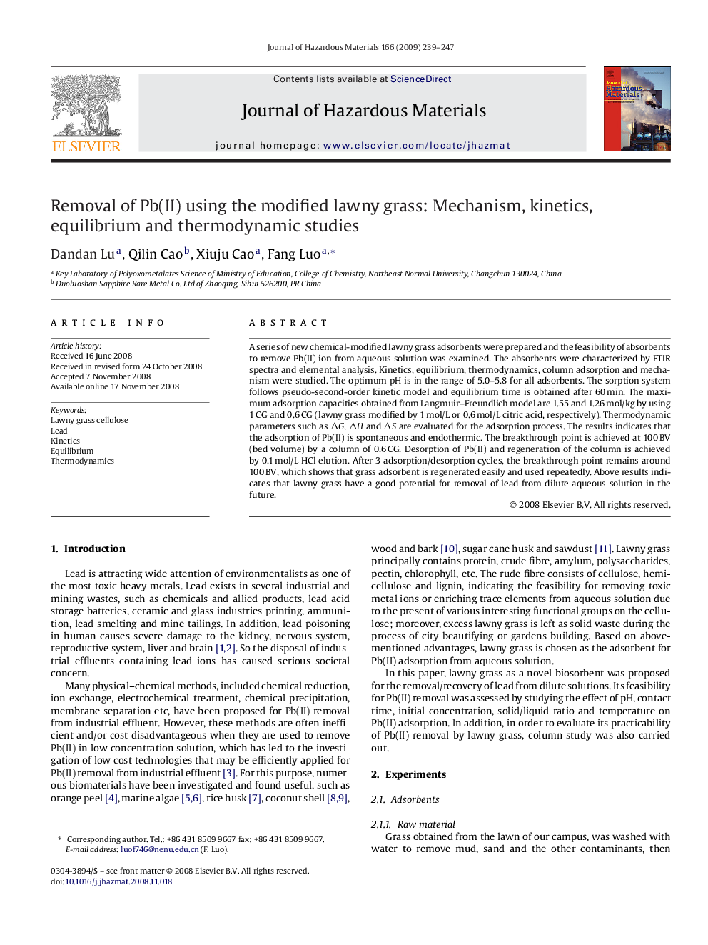 Removal of Pb(II) using the modified lawny grass: Mechanism, kinetics, equilibrium and thermodynamic studies