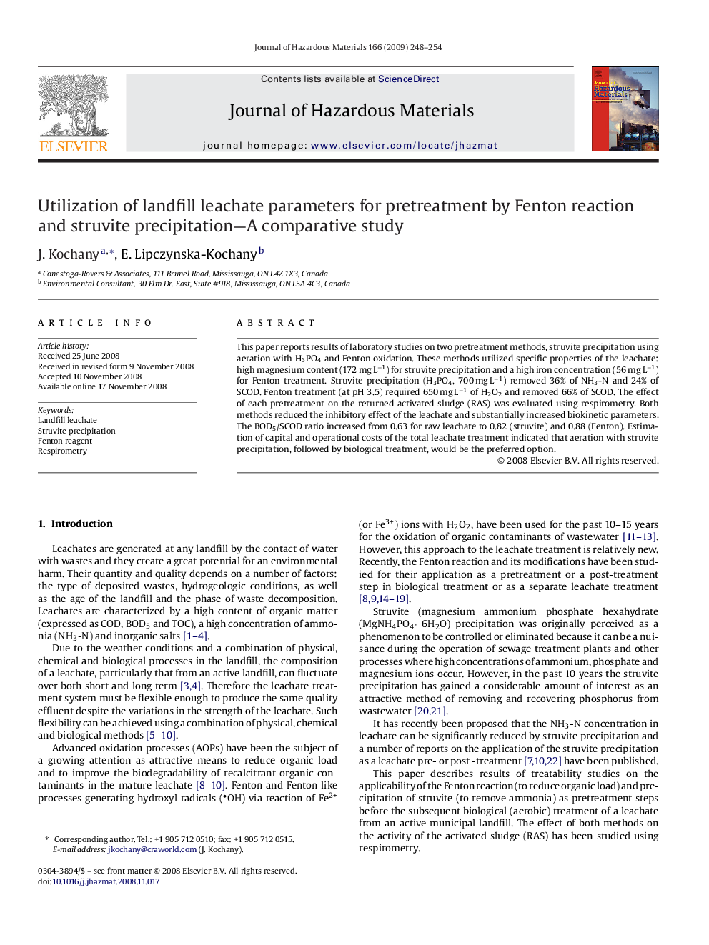 Utilization of landfill leachate parameters for pretreatment by Fenton reaction and struvite precipitation-A comparative study