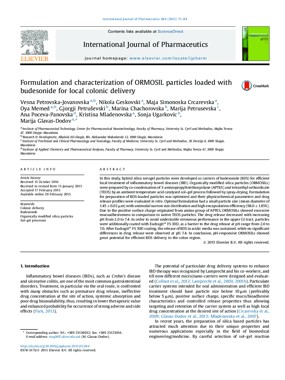 Formulation and characterization of ORMOSIL particles loaded with budesonide for local colonic delivery