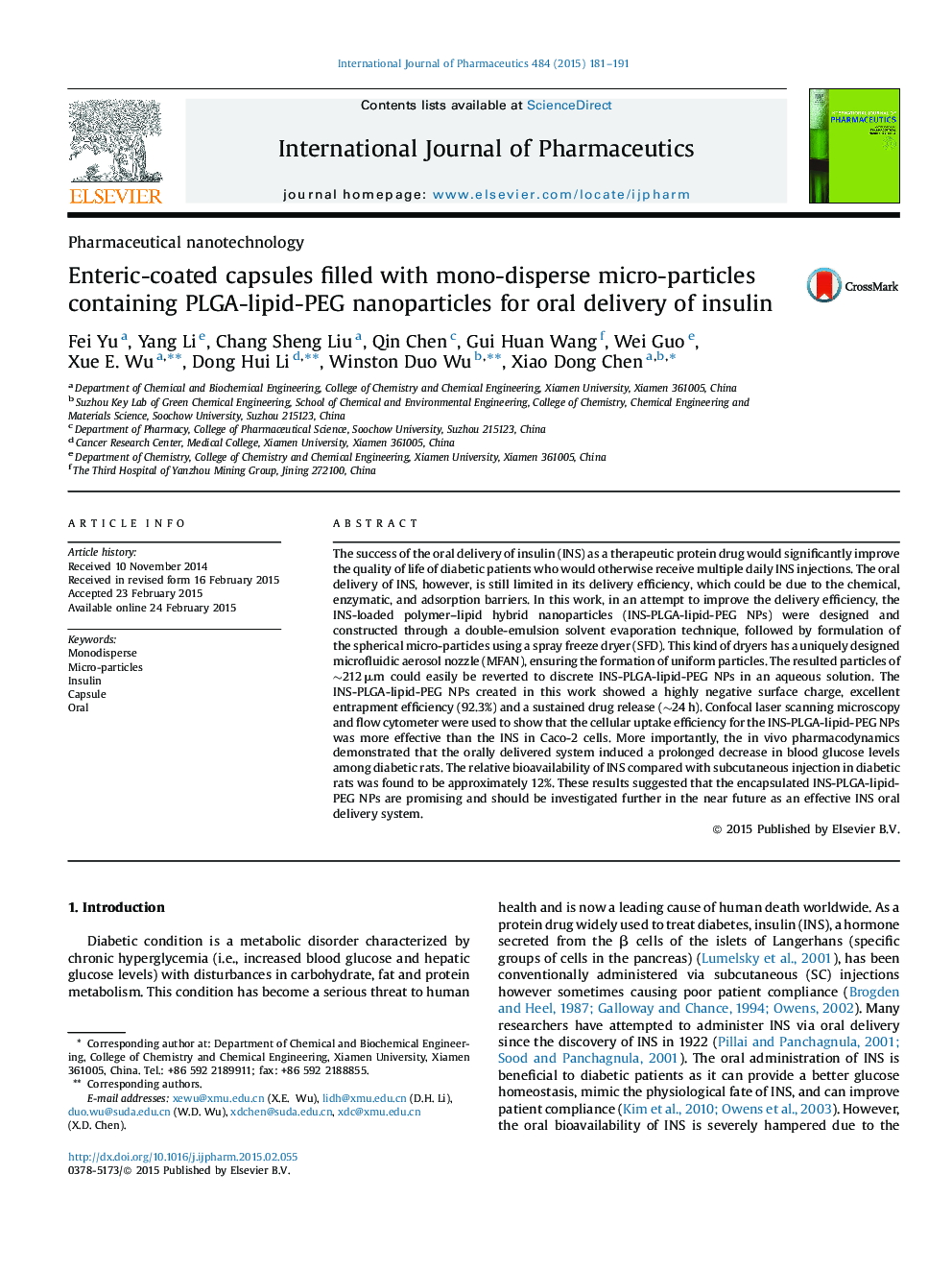 Enteric-coated capsules filled with mono-disperse micro-particles containing PLGA-lipid-PEG nanoparticles for oral delivery of insulin