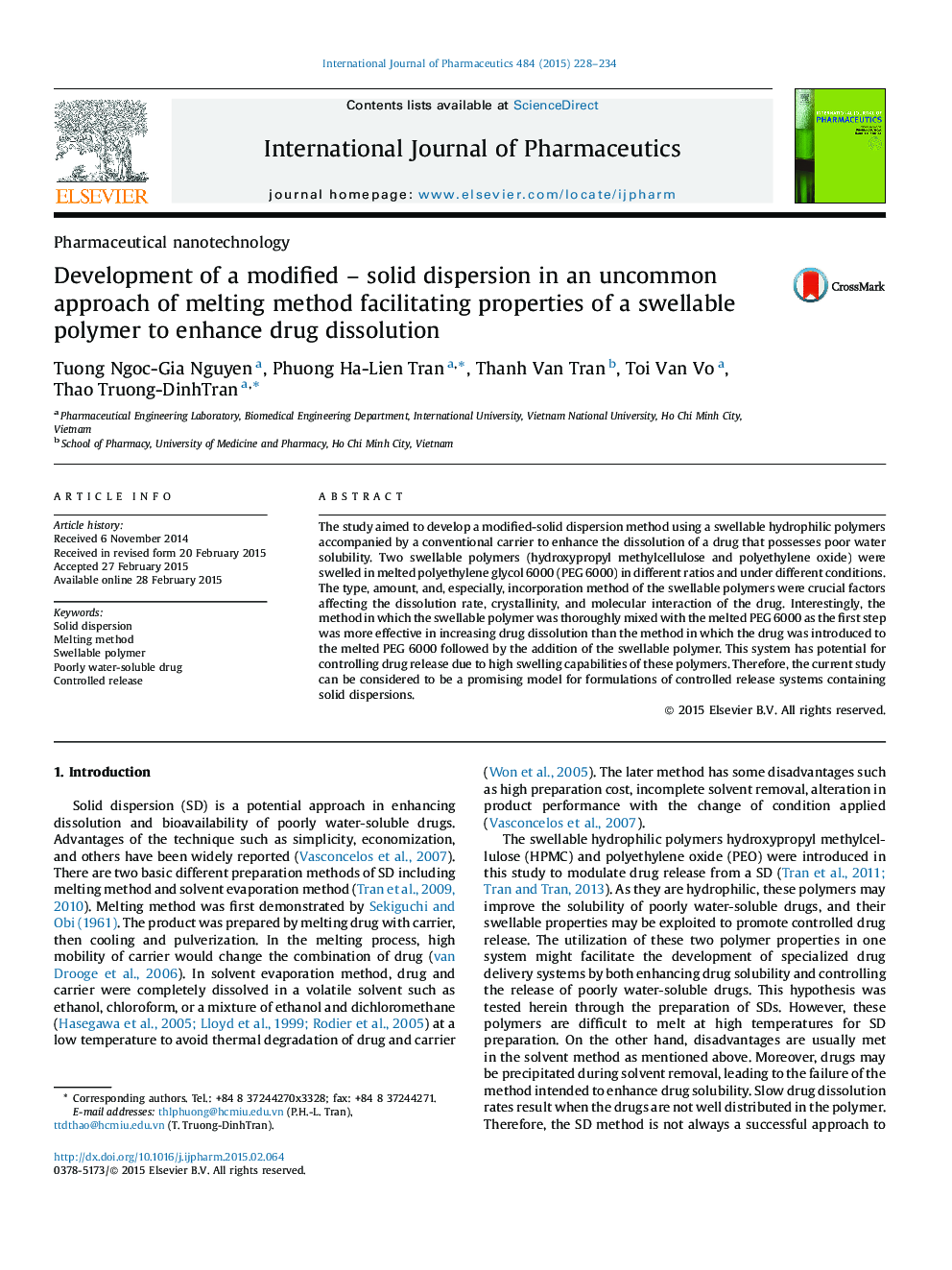 Development of a modified - solid dispersion in an uncommon approach of melting method facilitating properties of a swellable polymer to enhance drug dissolution