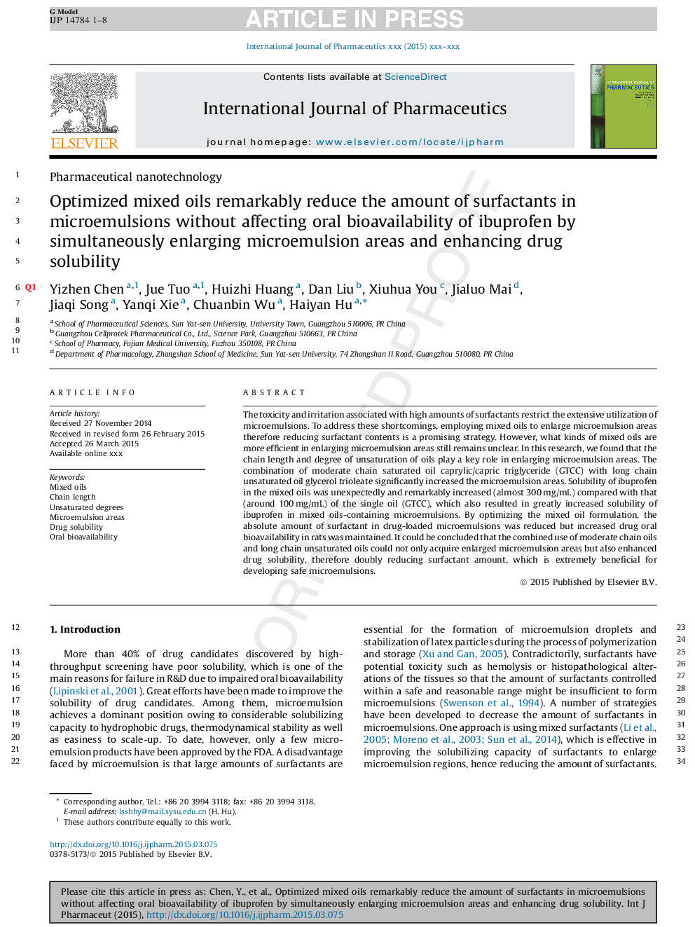 Optimized mixed oils remarkably reduce the amount of surfactants in microemulsions without affecting oral bioavailability of ibuprofen by simultaneously enlarging microemulsion areas and enhancing drug solubility