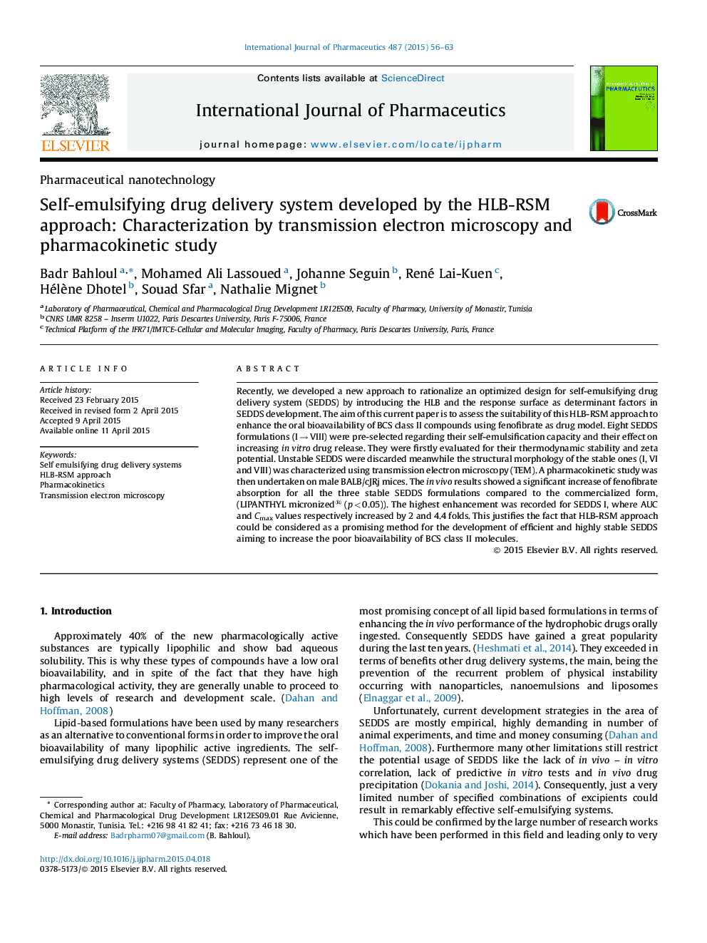 Pharmaceutical nanotechnologySelf-emulsifying drug delivery system developed by the HLB-RSM approach: Characterization by transmission electron microscopy and pharmacokinetic study