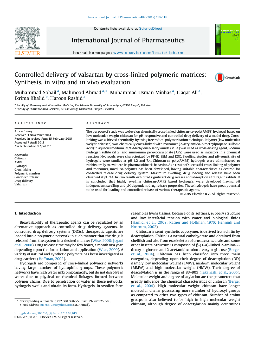 Controlled delivery of valsartan by cross-linked polymeric matrices: Synthesis, in vitro and in vivo evaluation