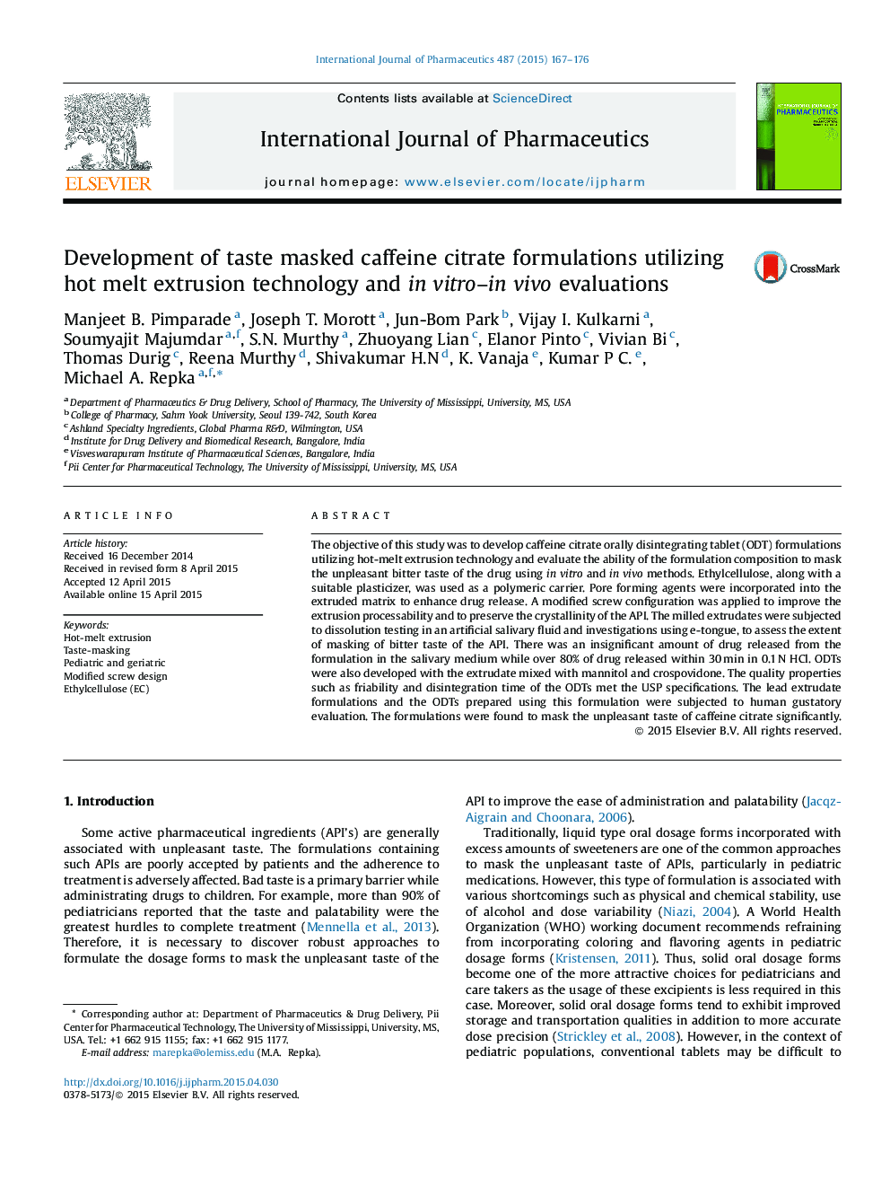 Development of taste masked caffeine citrate formulations utilizing hot melt extrusion technology and in vitro-in vivo evaluations