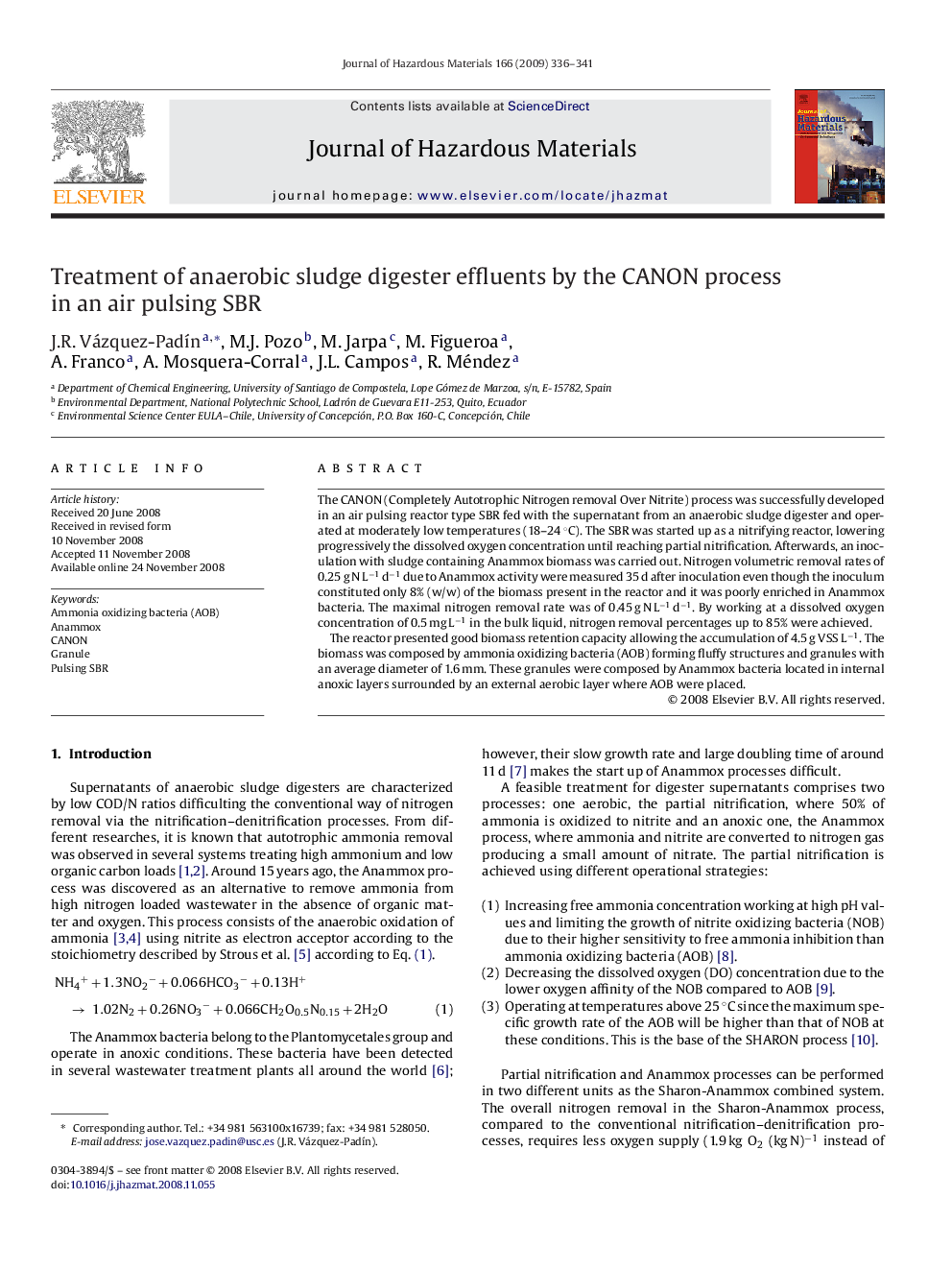 Treatment of anaerobic sludge digester effluents by the CANON process in an air pulsing SBR